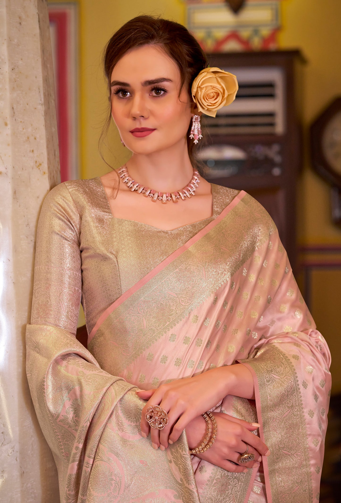 Rose Gold Satin Banarasi Silk Readymade/Easy Saree