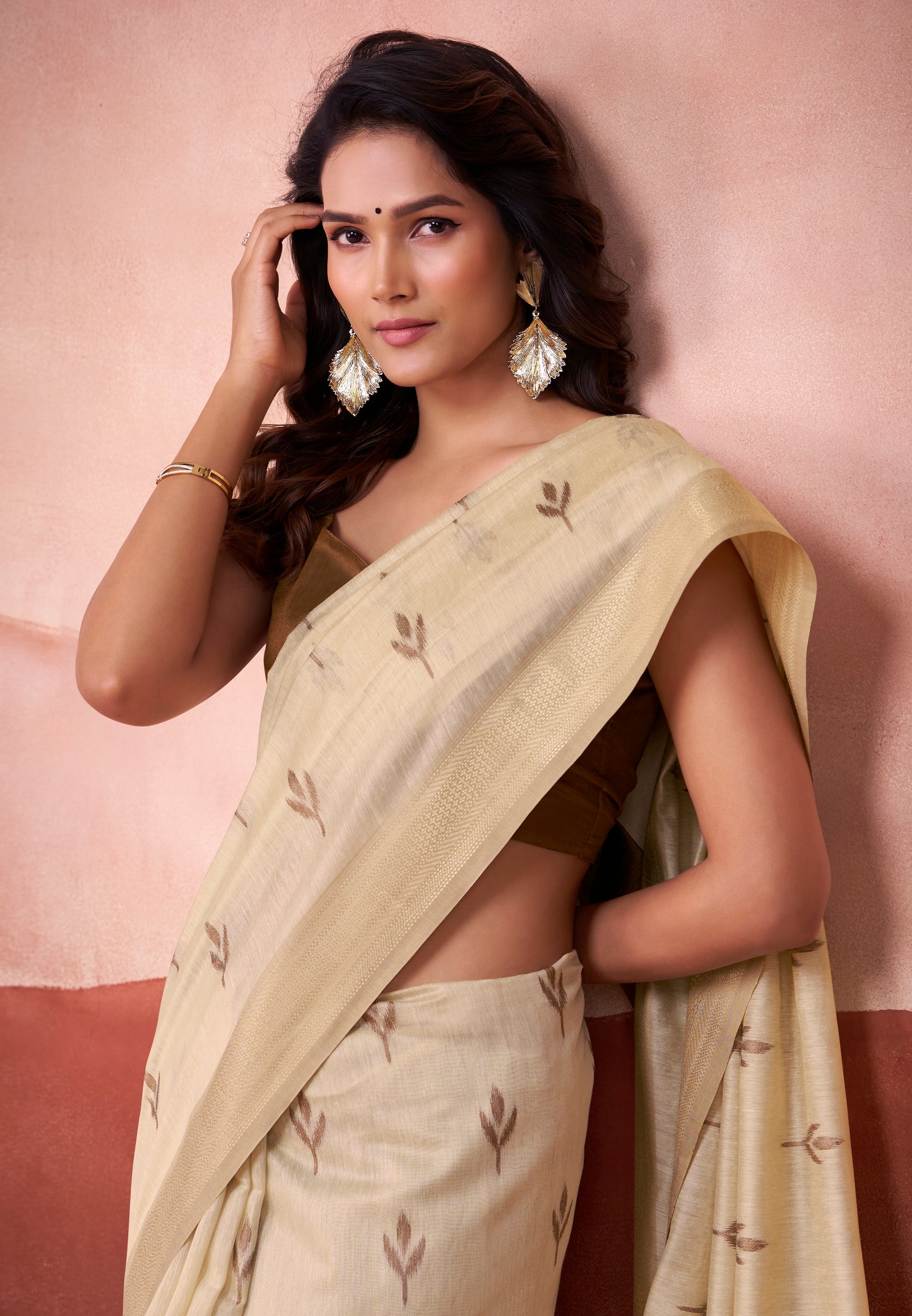 Beige Modal Cotton Office Wear Easy/Readymade Saree