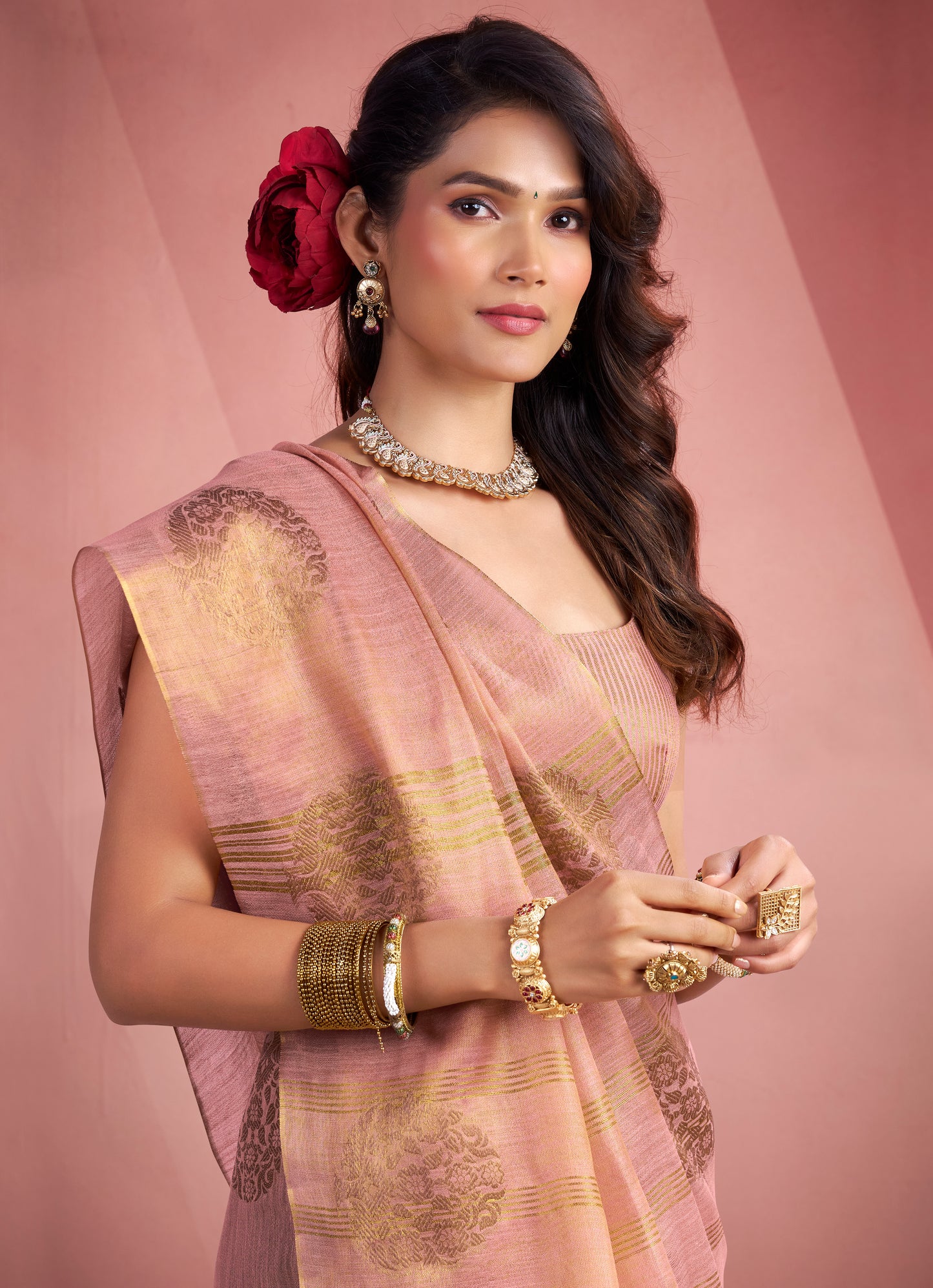 Rose Gold Tissue Silk Readymade/Easy Saree
