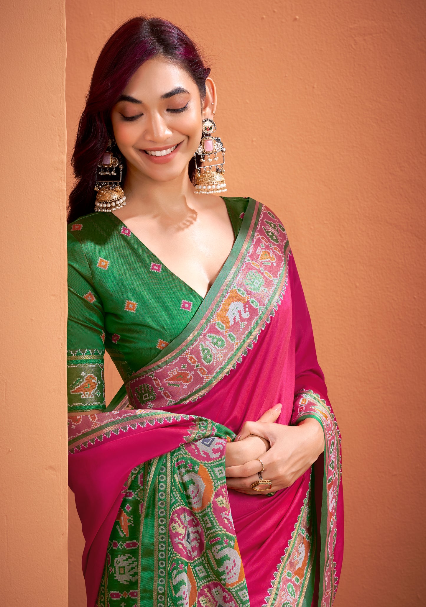 Pink Soft Patola Silk Readymade/Easy Saree