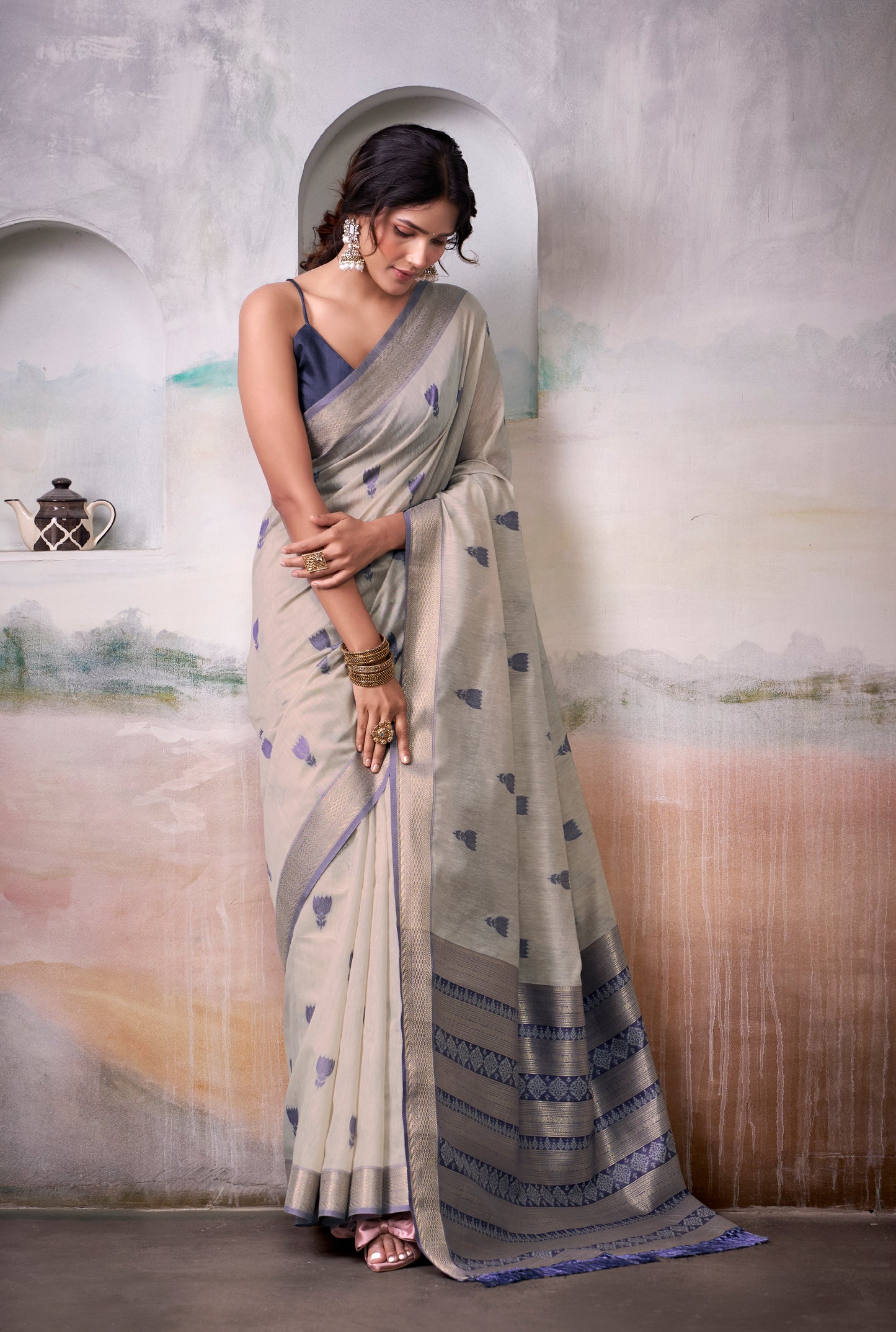 Pastel Blue Modal Cotton Office Wear Easy/Readymade Saree