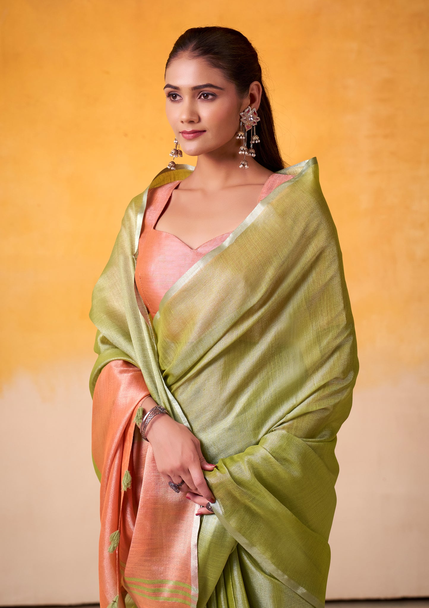 Pastel Green Tissue Silk Readymade/Easy Saree