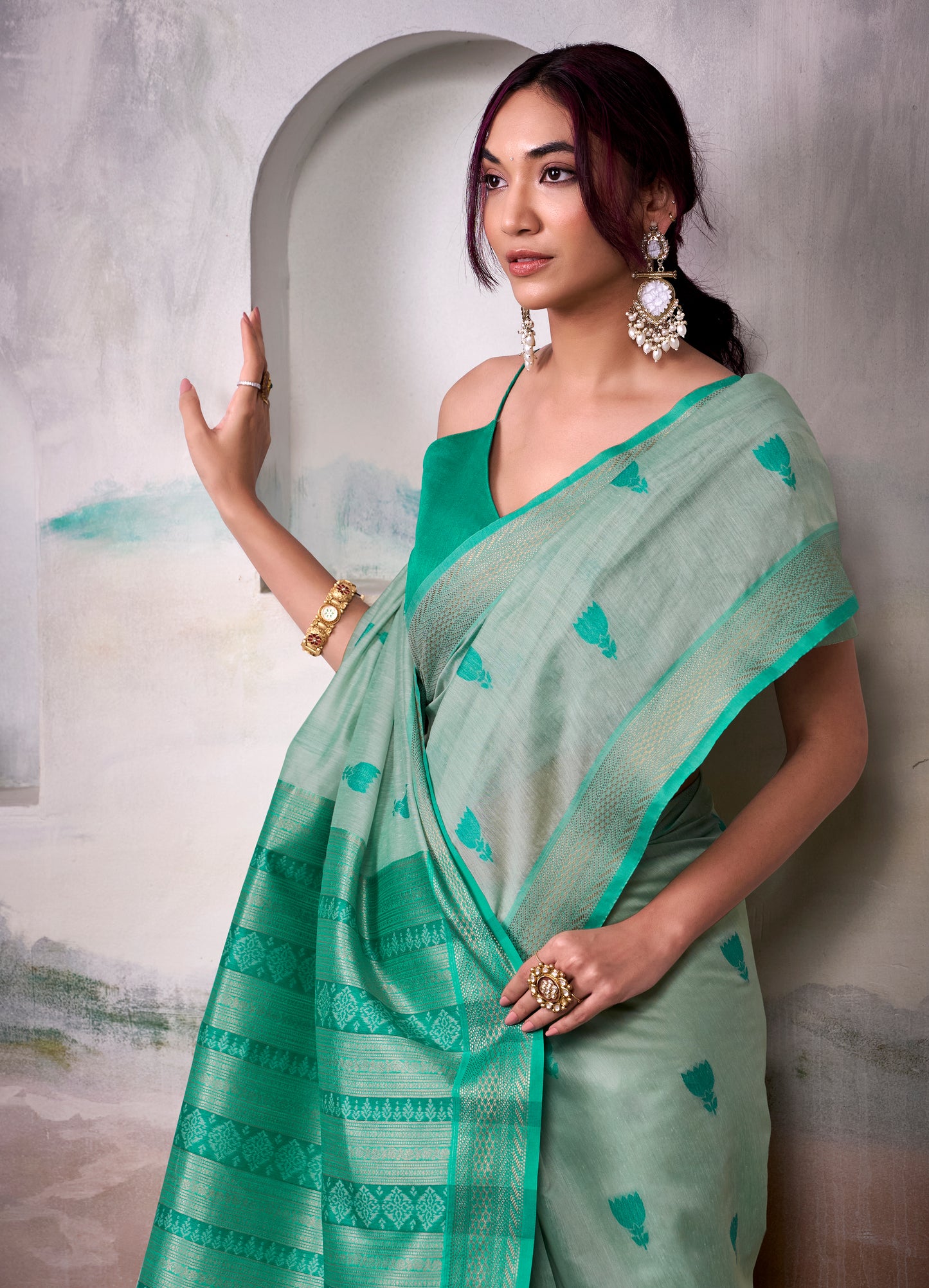 Green Modal Cotton Office Wear Easy/Readymade Saree