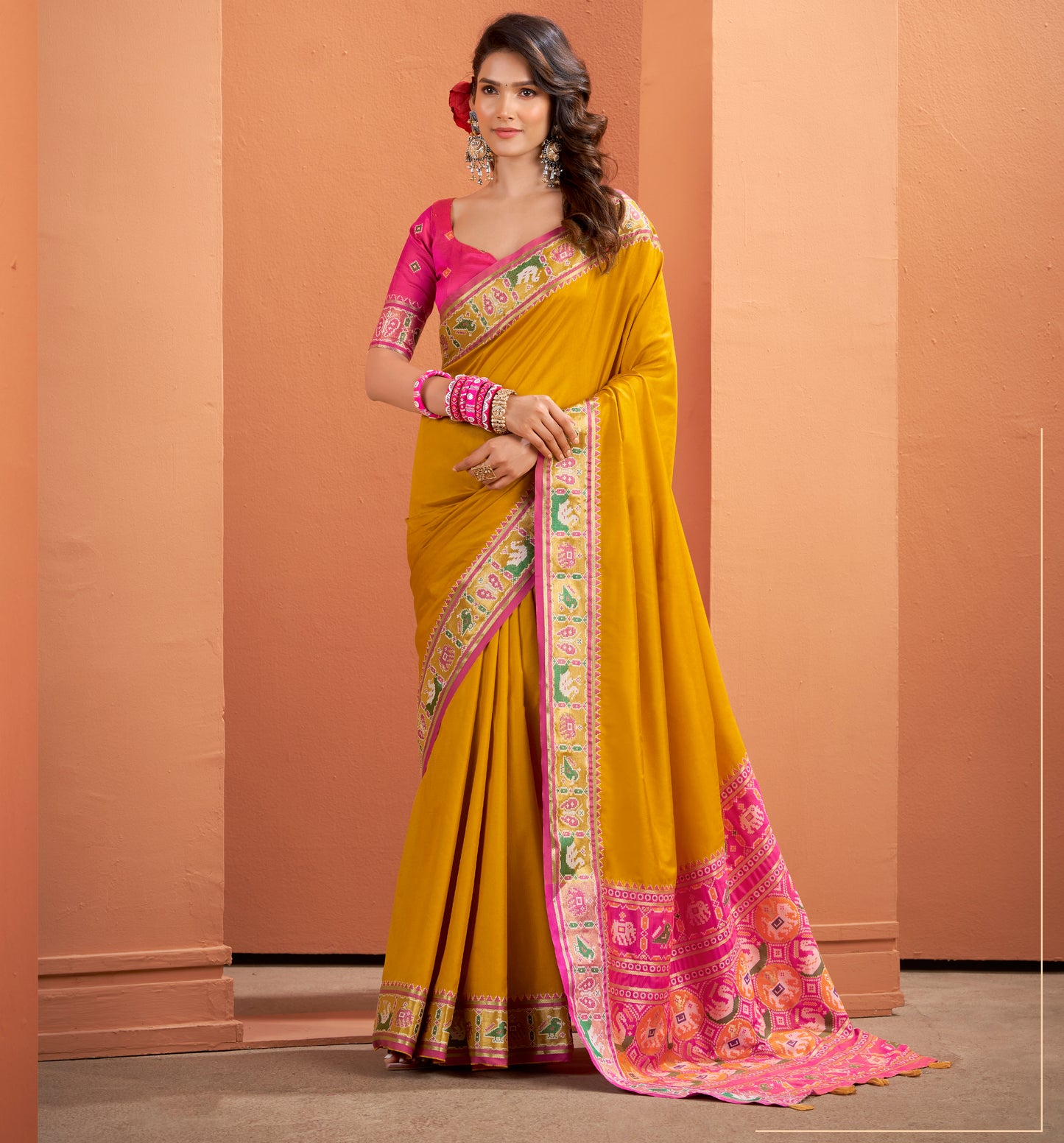 Yellow Soft Patola Silk Readymade/Easy Saree