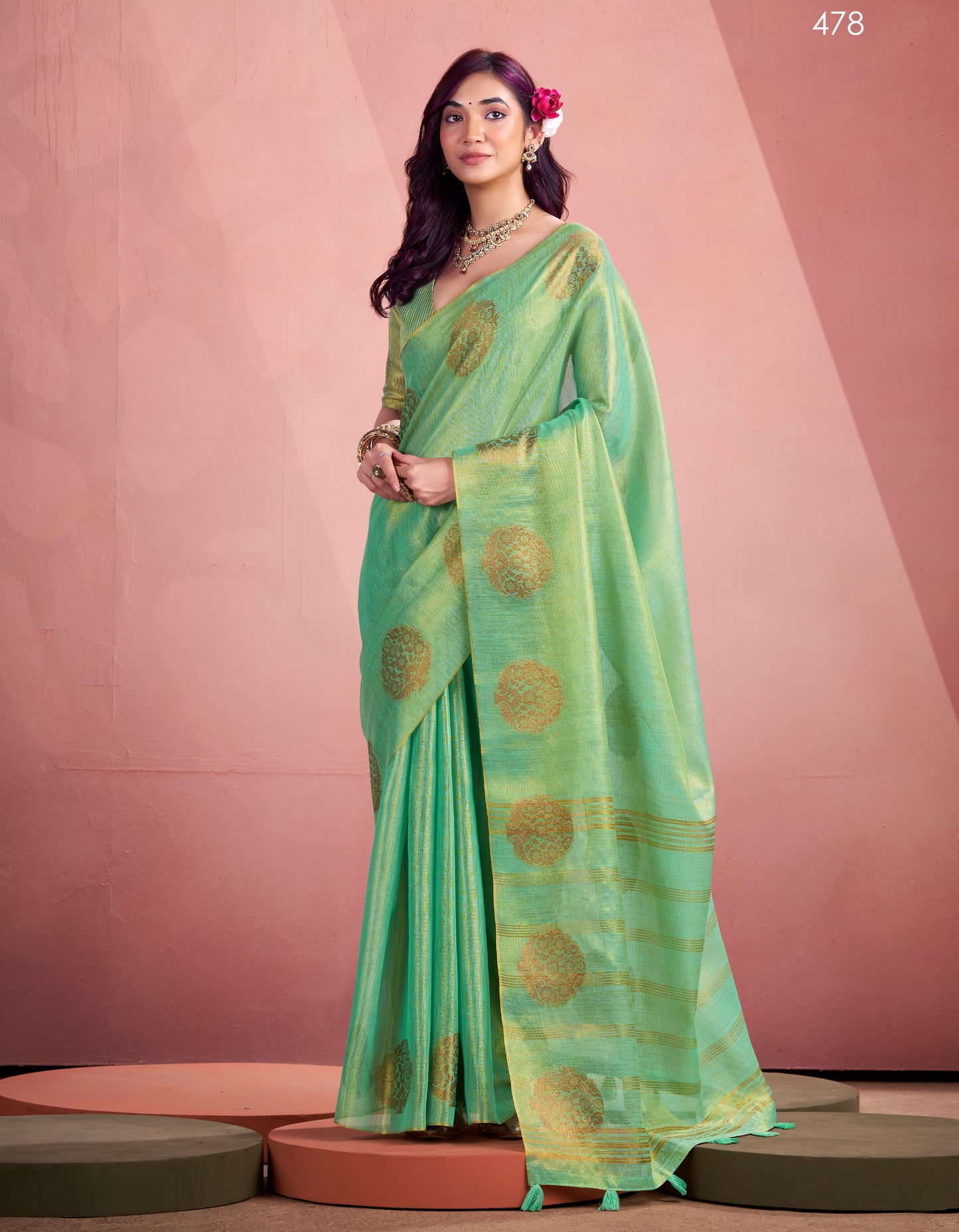 Green Tissue Silk Readymade/Easy Saree
