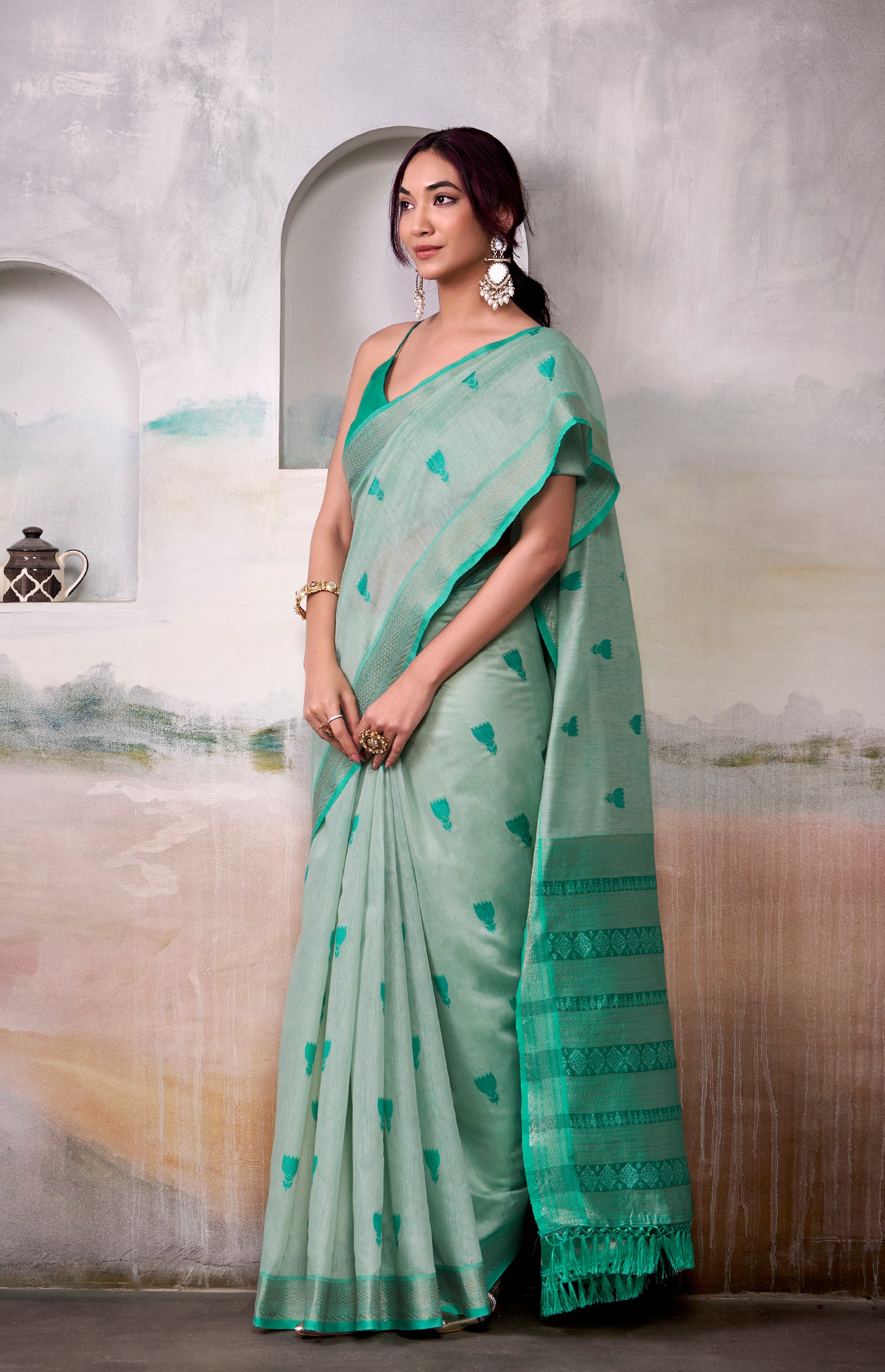 Green Modal Cotton Office Wear Easy/Readymade Saree