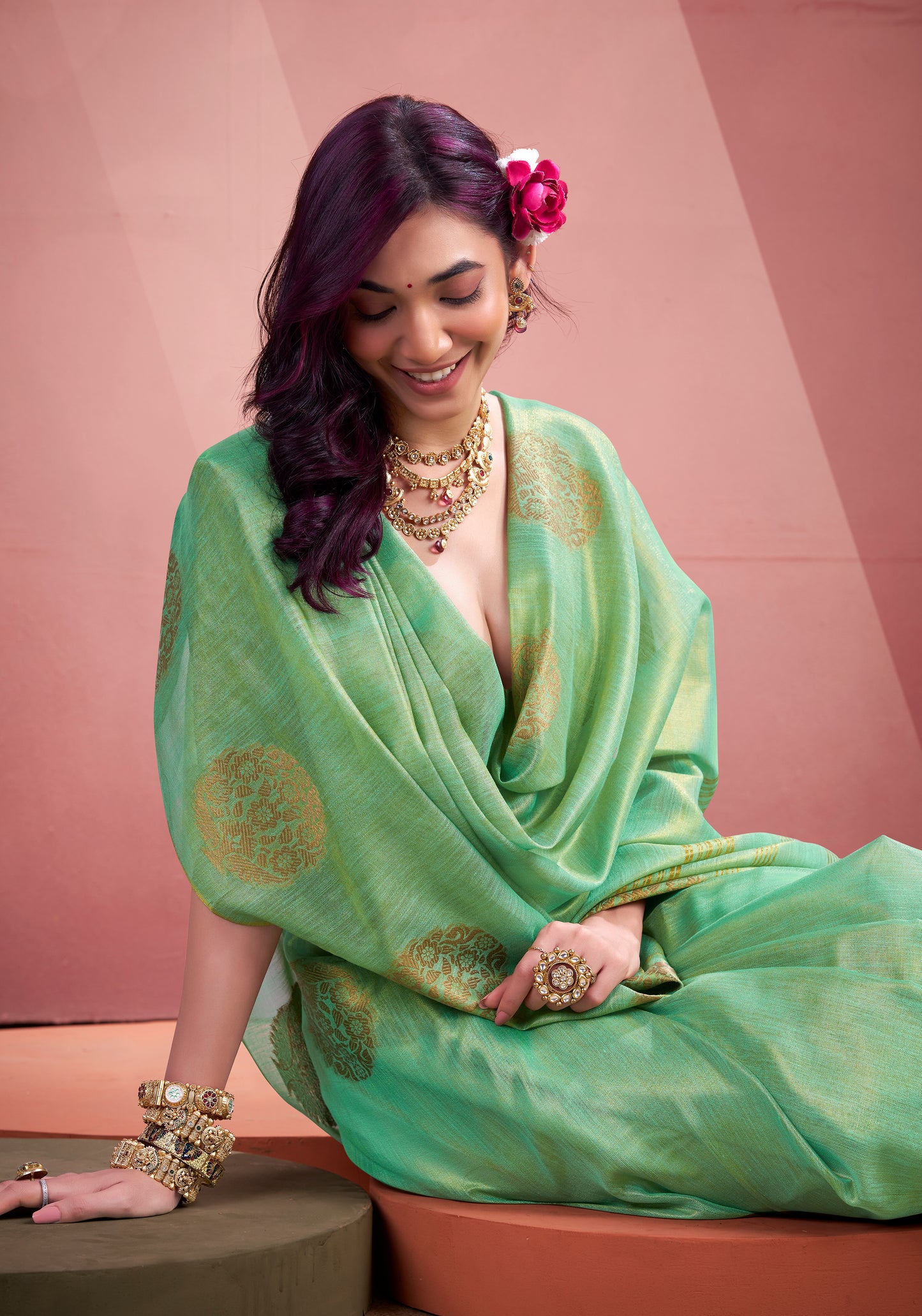 Green Tissue Silk Readymade/Easy Saree