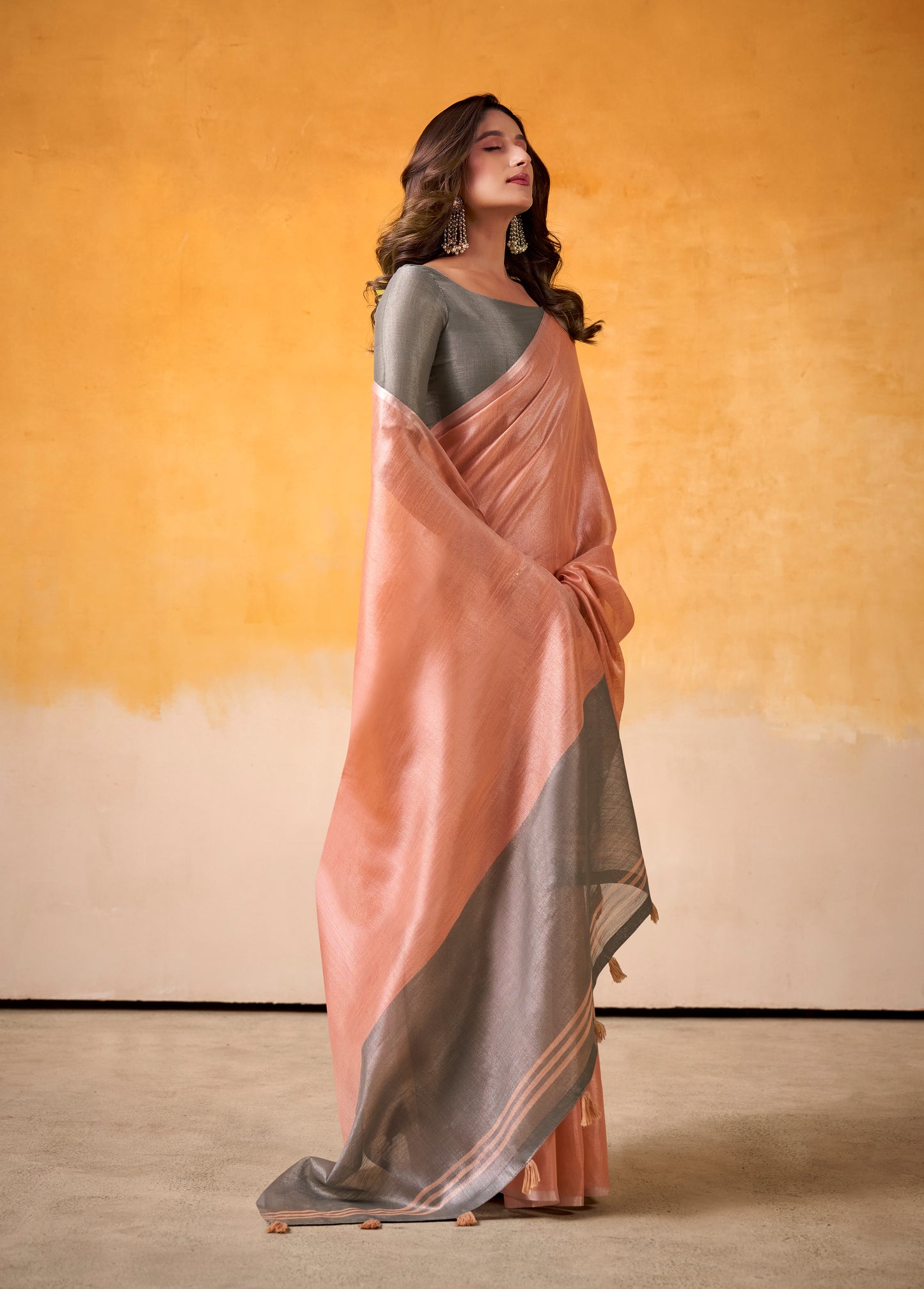 Peach Tissue Silk Readymade/Easy Saree