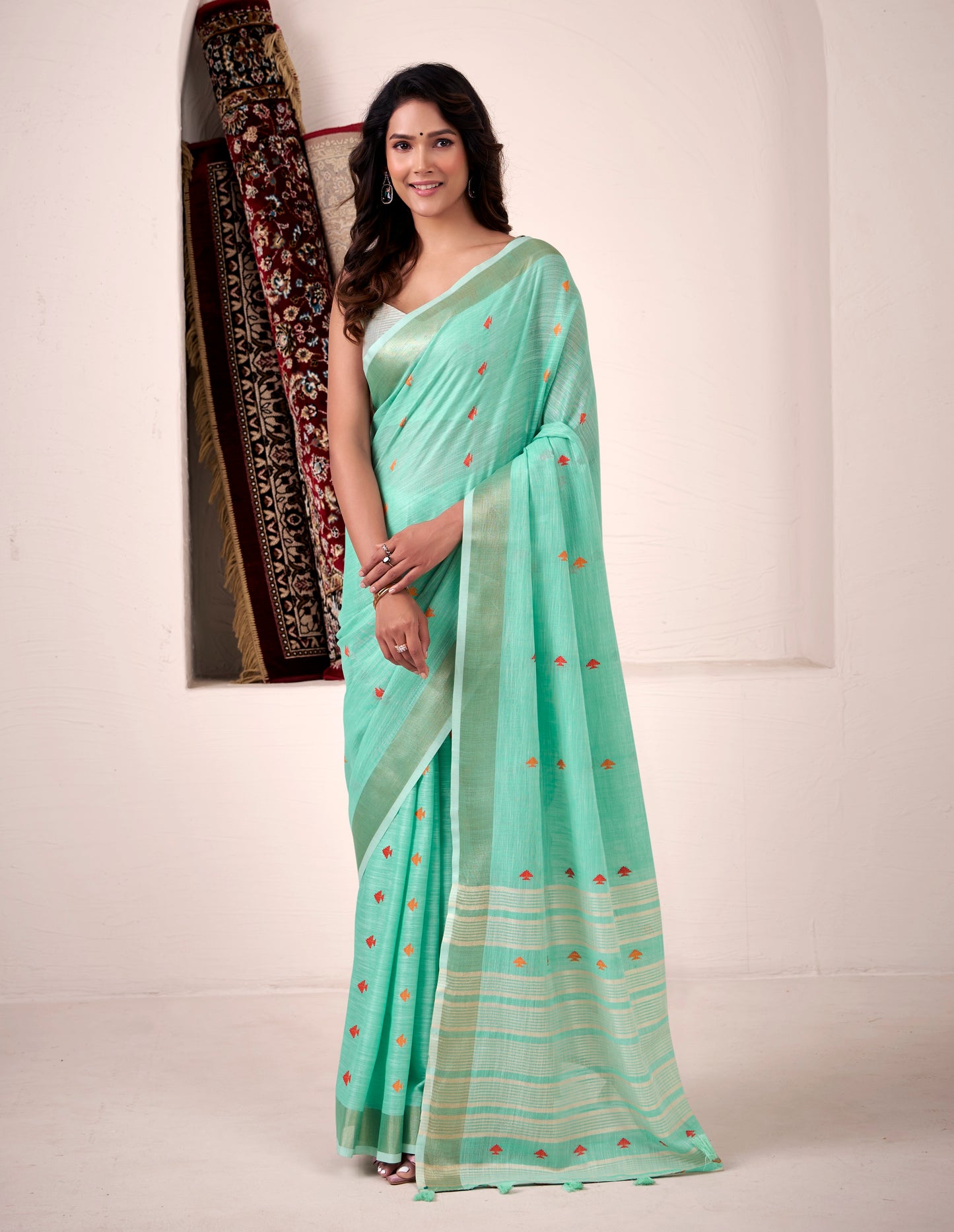 Green Linen Silk Office Wear Easy/Readymade Saree