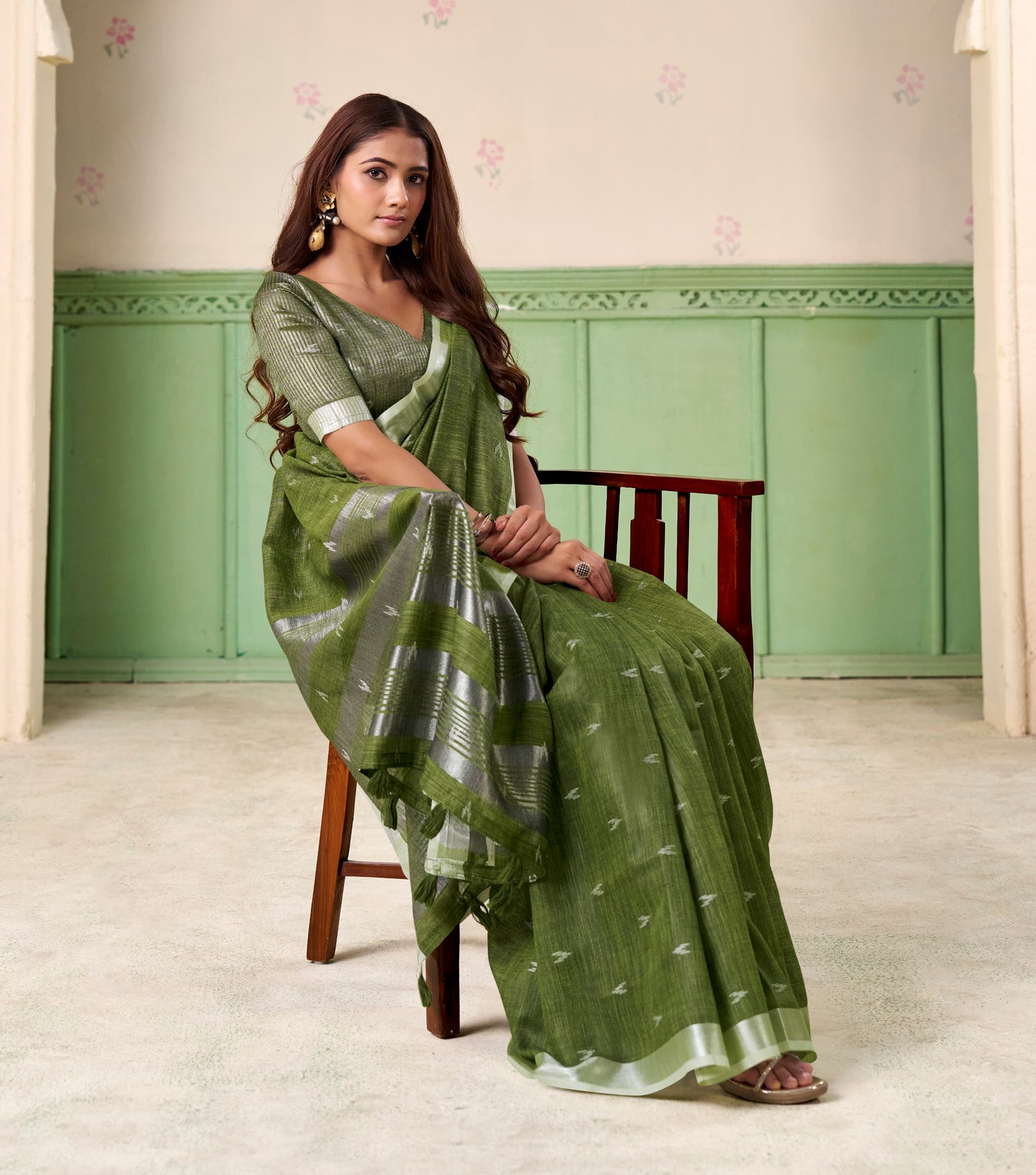 Green Linen Silk Office Wear Easy/Readymade Saree