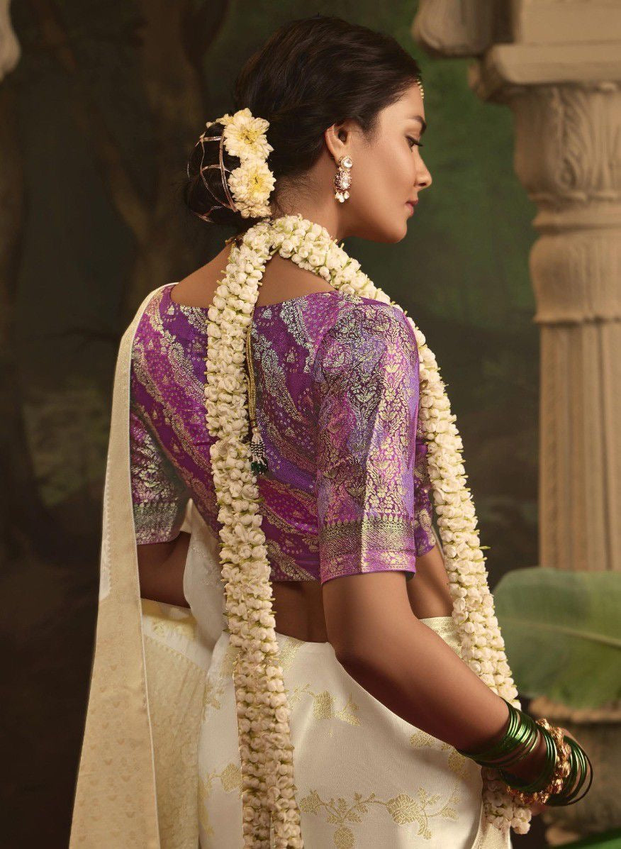 Off White Color Designer Silk Readymade/Easy Saree