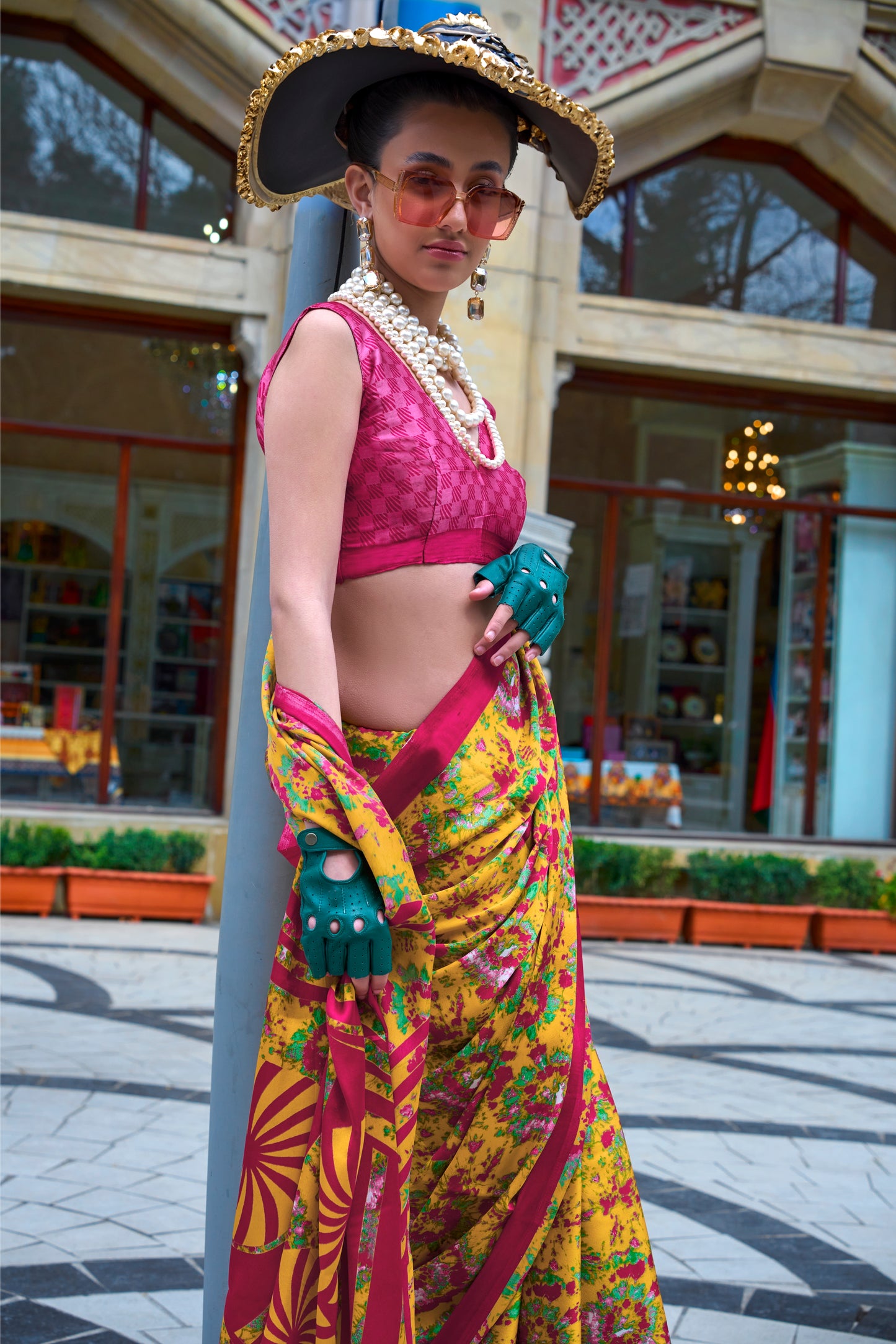 Yellow & Pink Crepe Silk Casual Readymade/Easy Saree