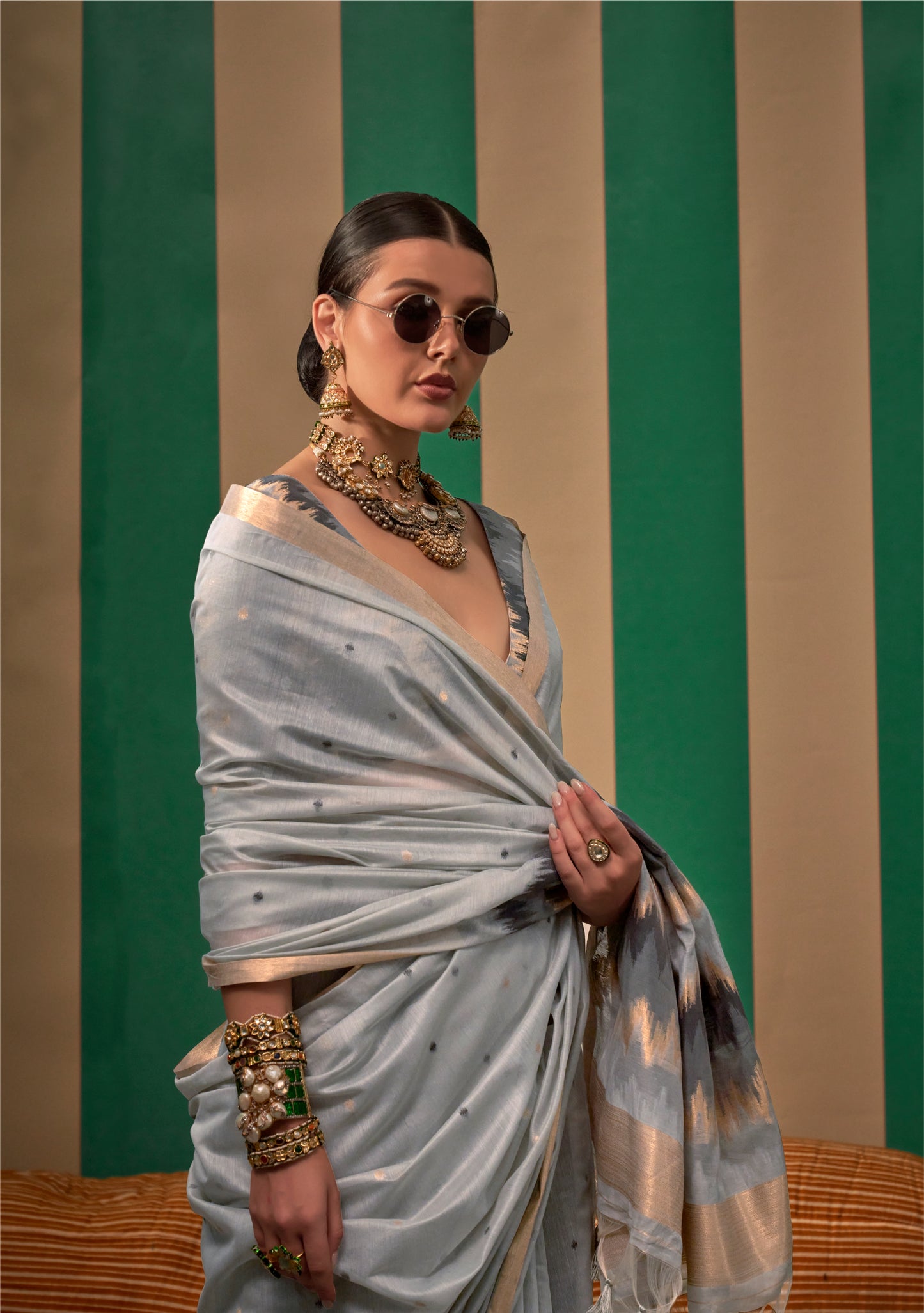 Grey Color Spun Silk Readymade/Easy Saree