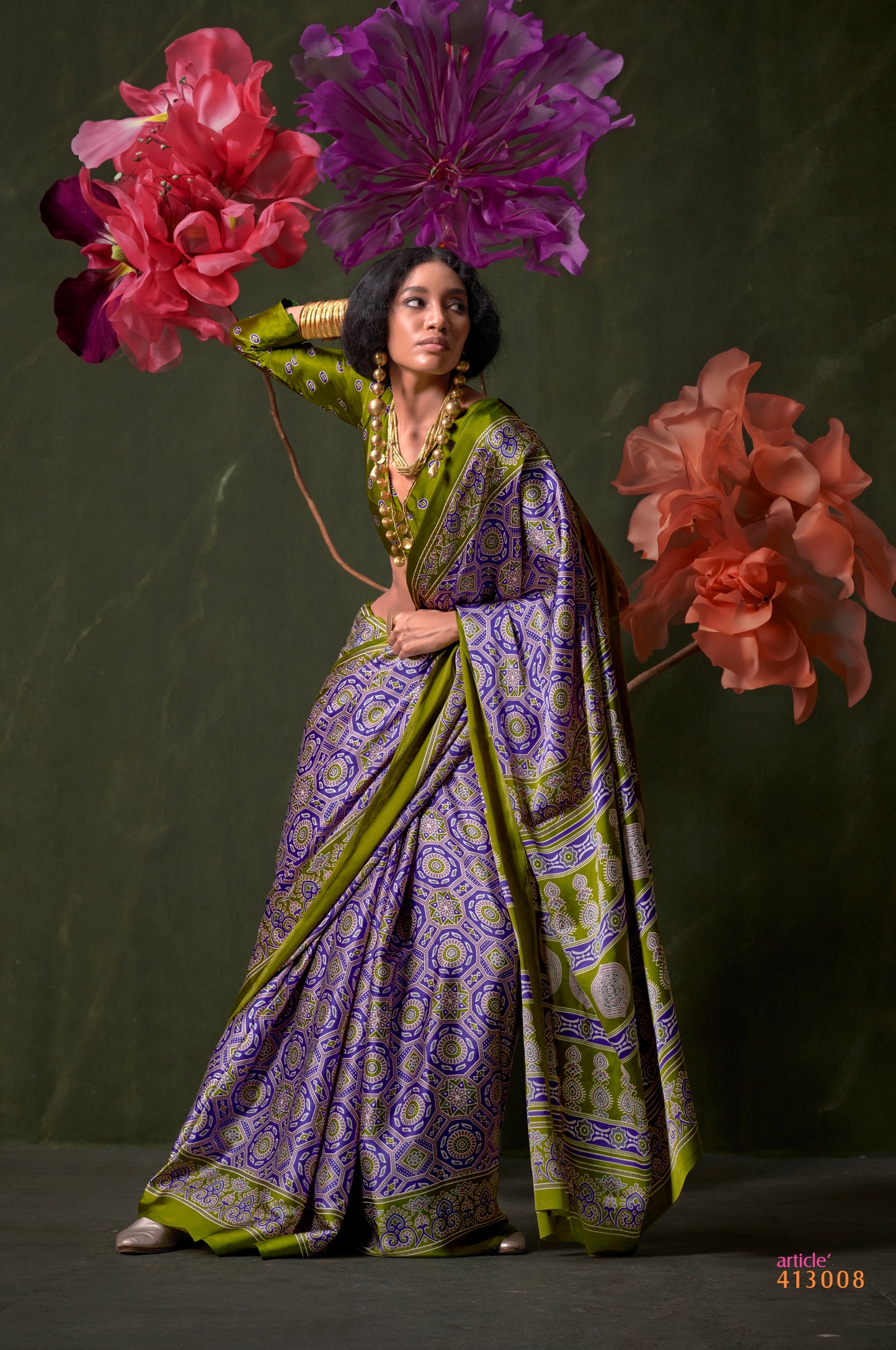 Purple & Green Crepe Calm – Readymade Ajrakh Saree
