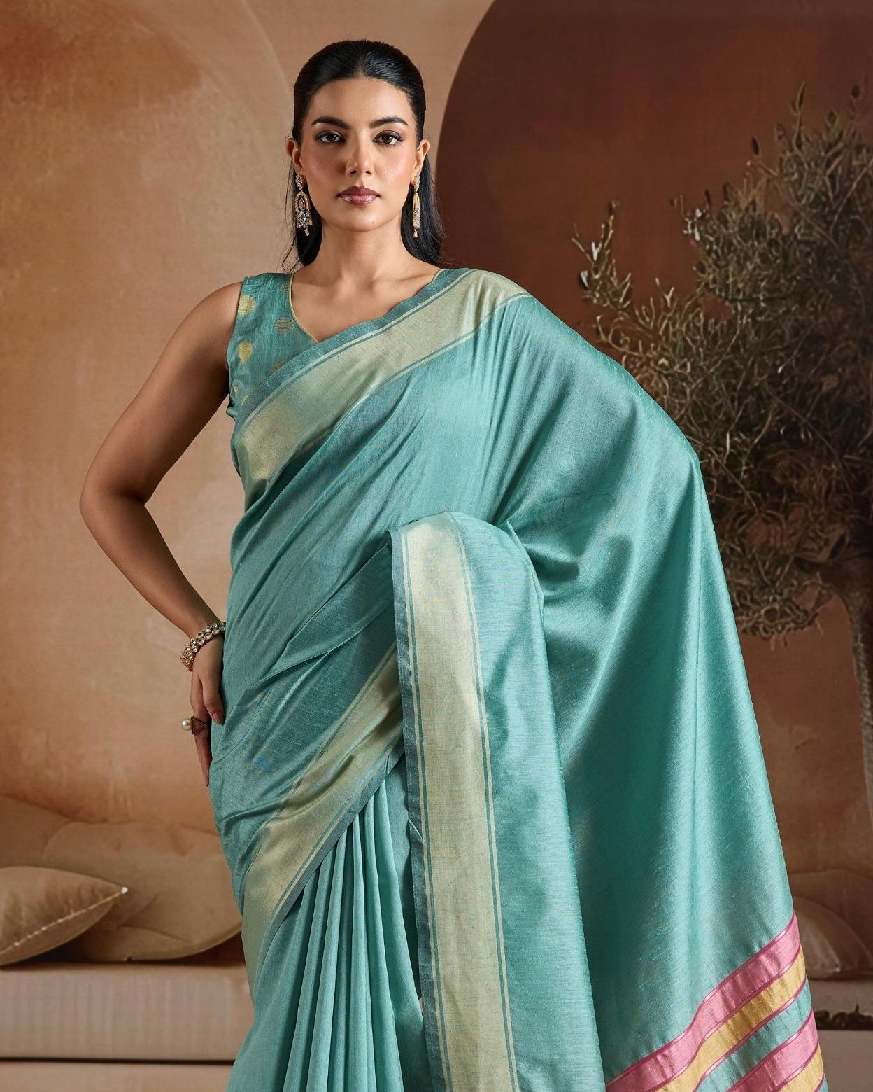 Turquoise Color Raw Silk Readymade/Easy Saree