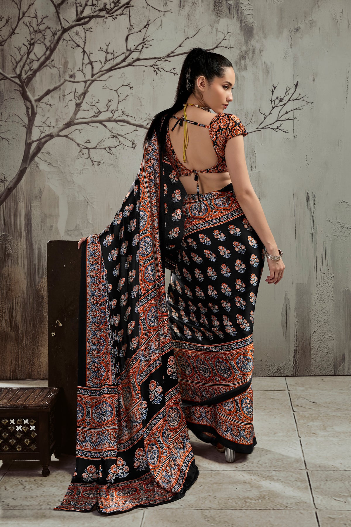 Black & Rust Orange Modal Silk Ready To Wear/Easy Saree by StyleByPanaash