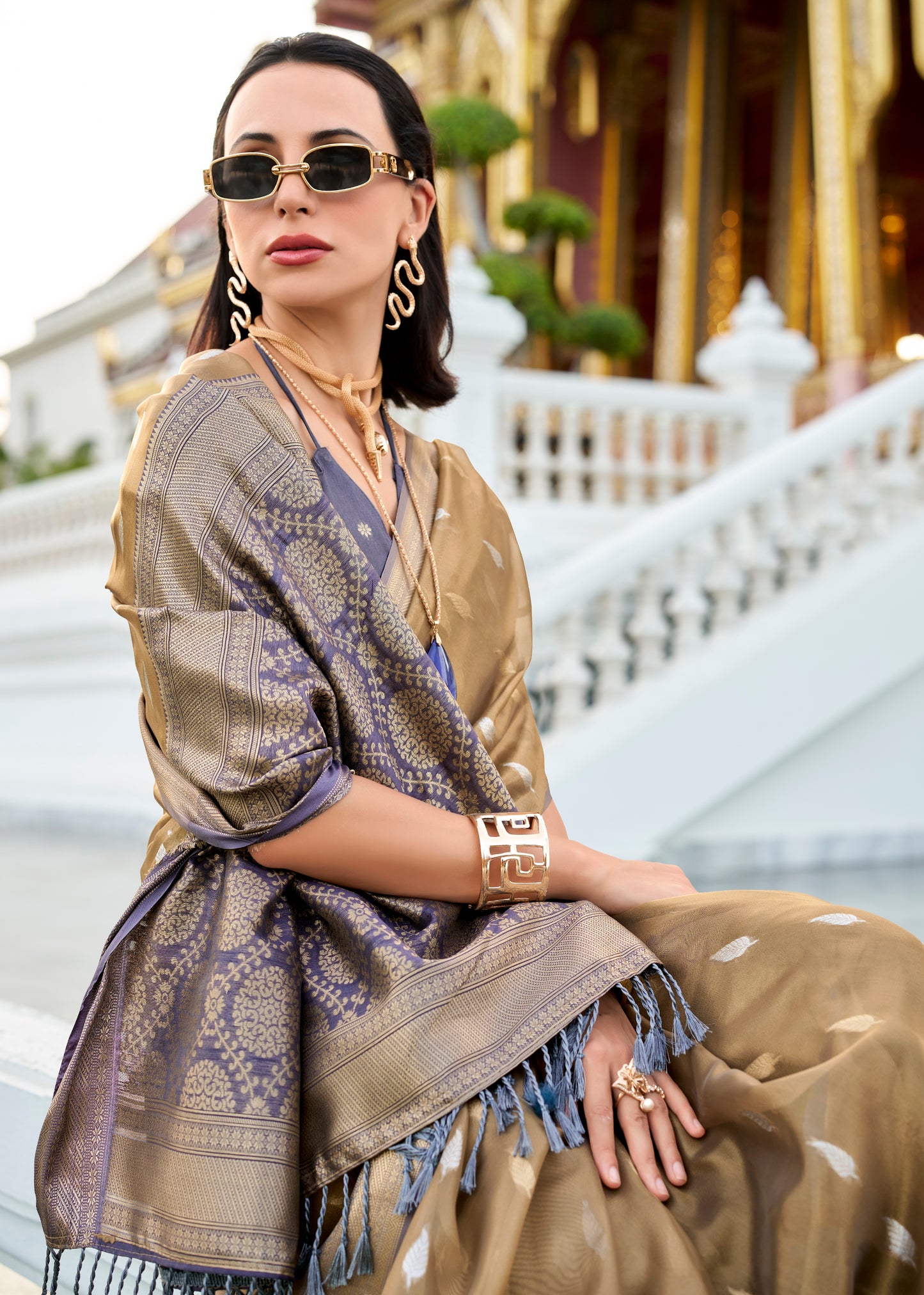 Powder Blue Tissue Silk Readymade/Easy Fancy Saree