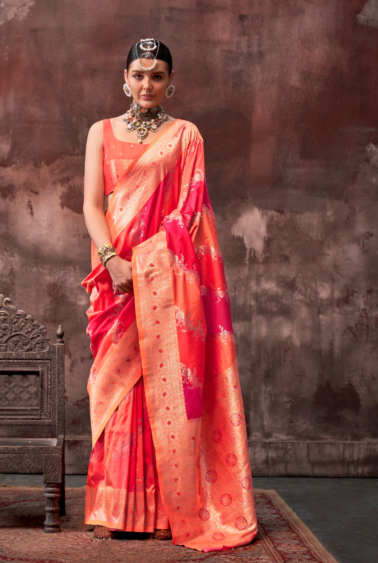 Orange Pink Banarasi Silk Readymade/Easy Saree - Panaash Saree
