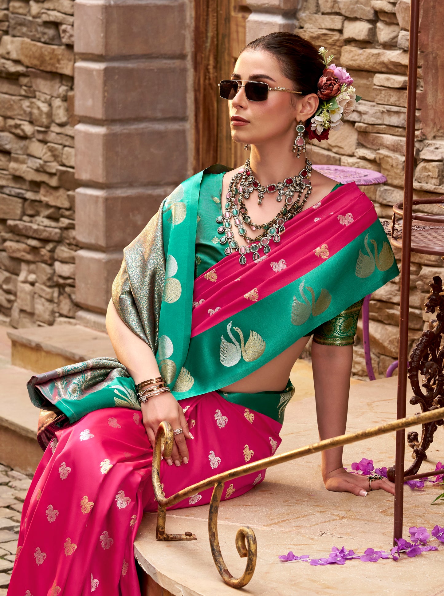 Pink Satin Silk Readymade/Easy Saree