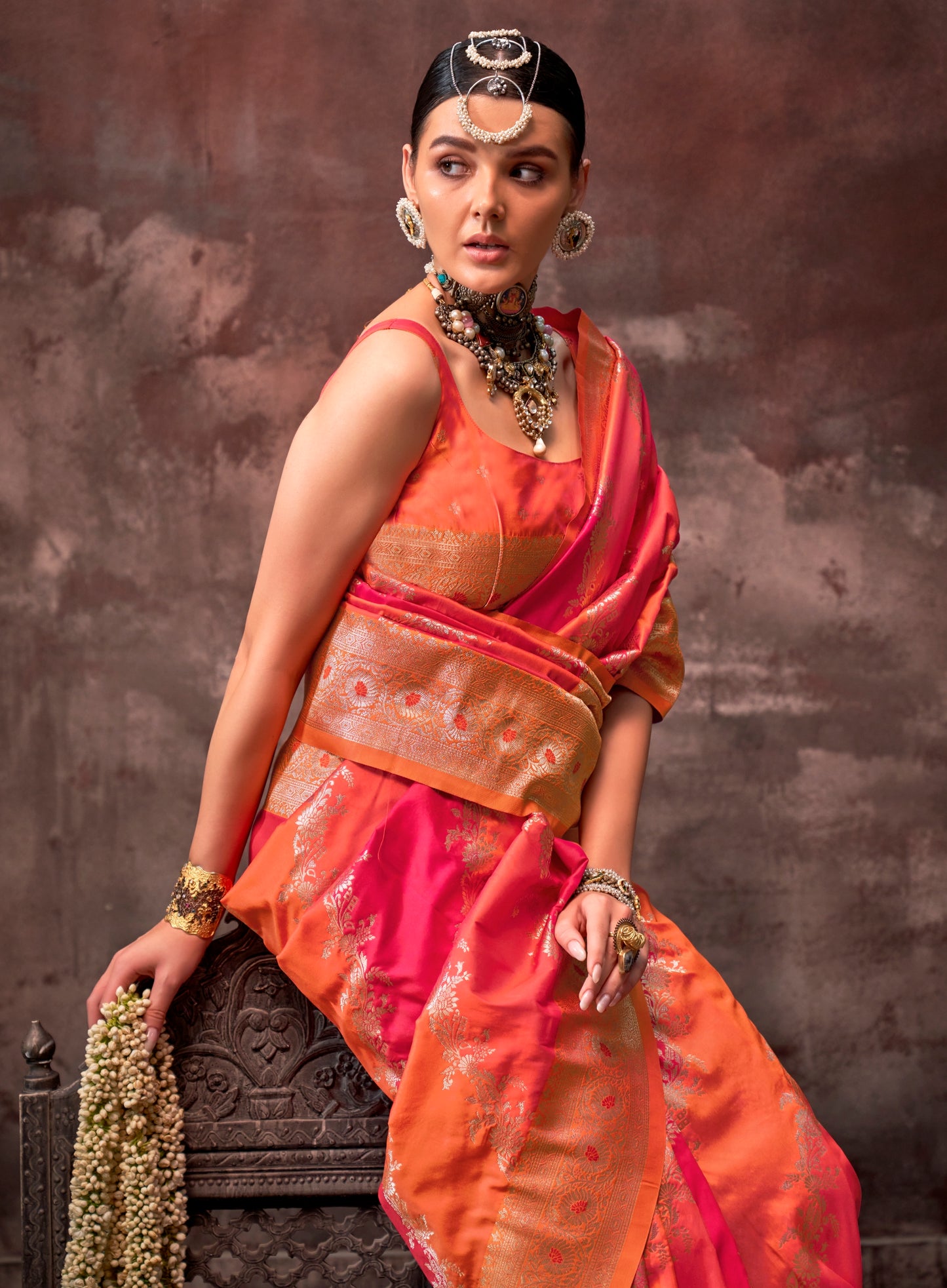 Orange Pink Banarasi Silk Readymade/Easy Saree - Panaash Saree