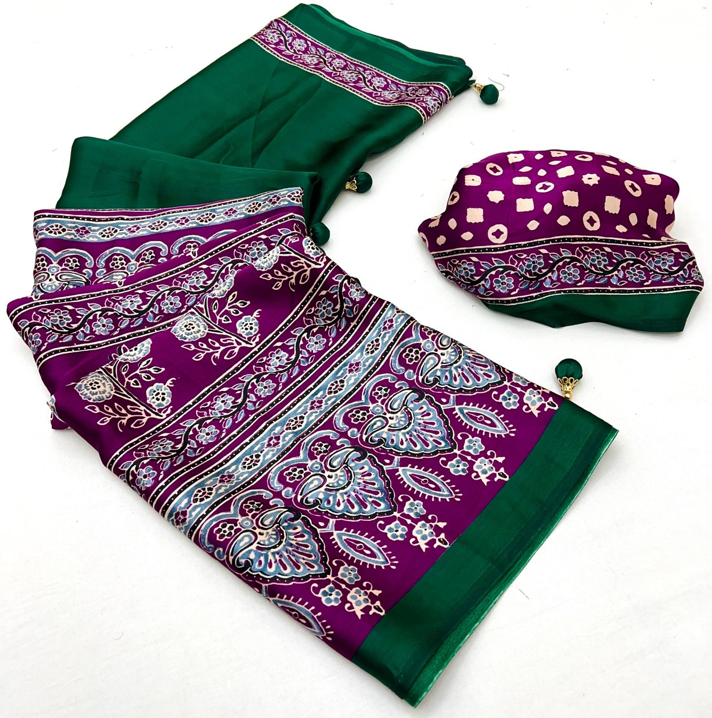 Green & Purple Crepe Silk Readymade/Easy Saree