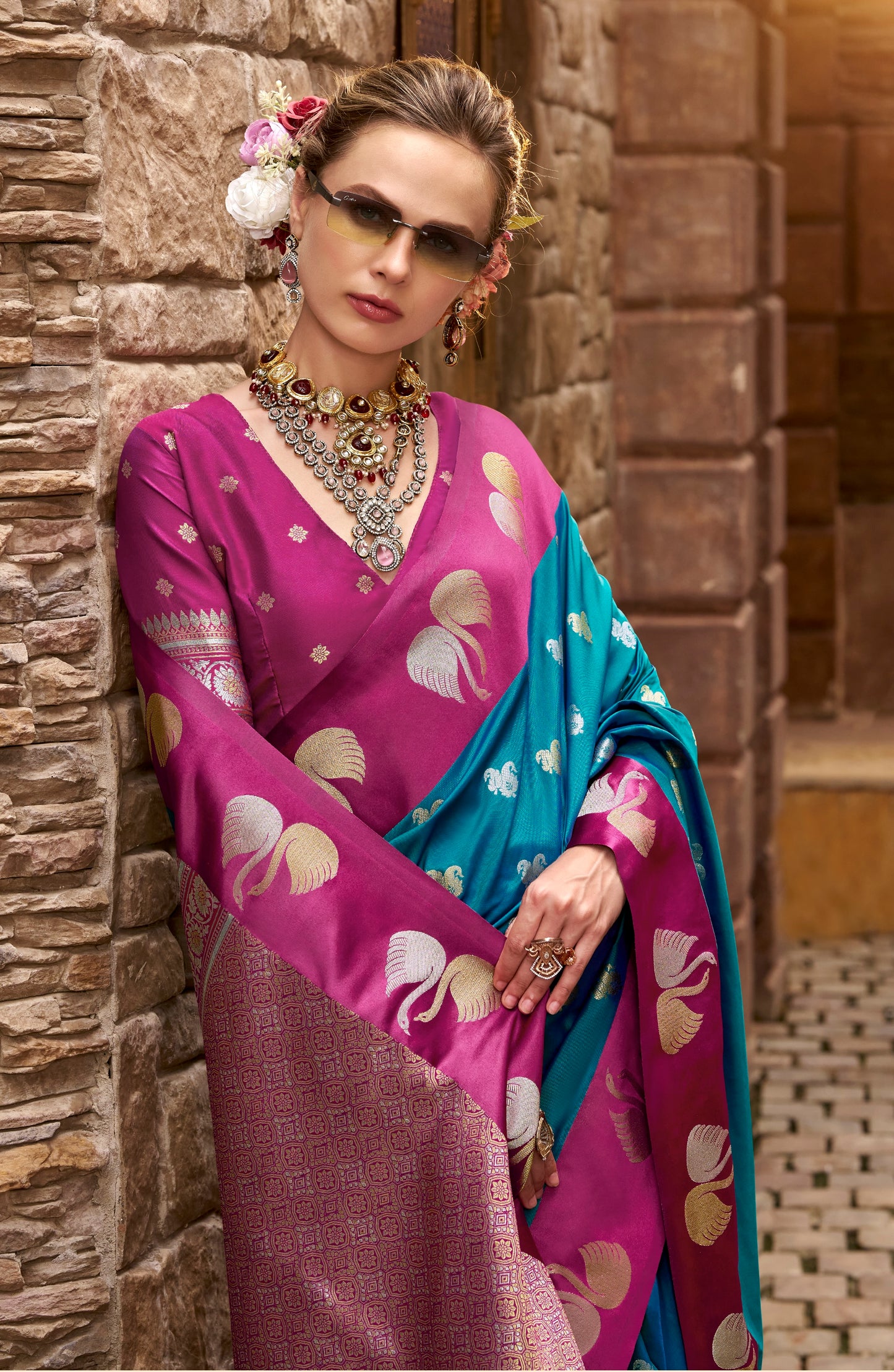 Dark Blue Satin Silk Readymade/Easy Saree