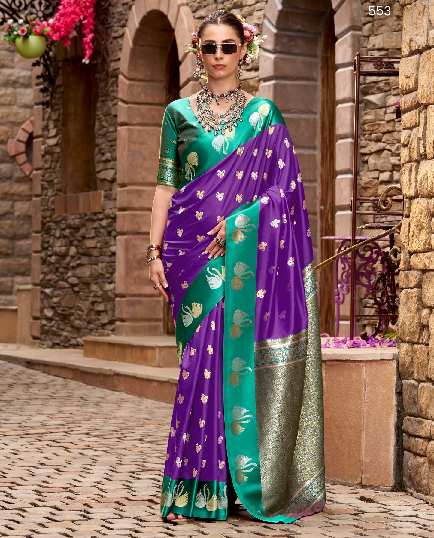 Purple Satin Silk Readymade/Easy Saree