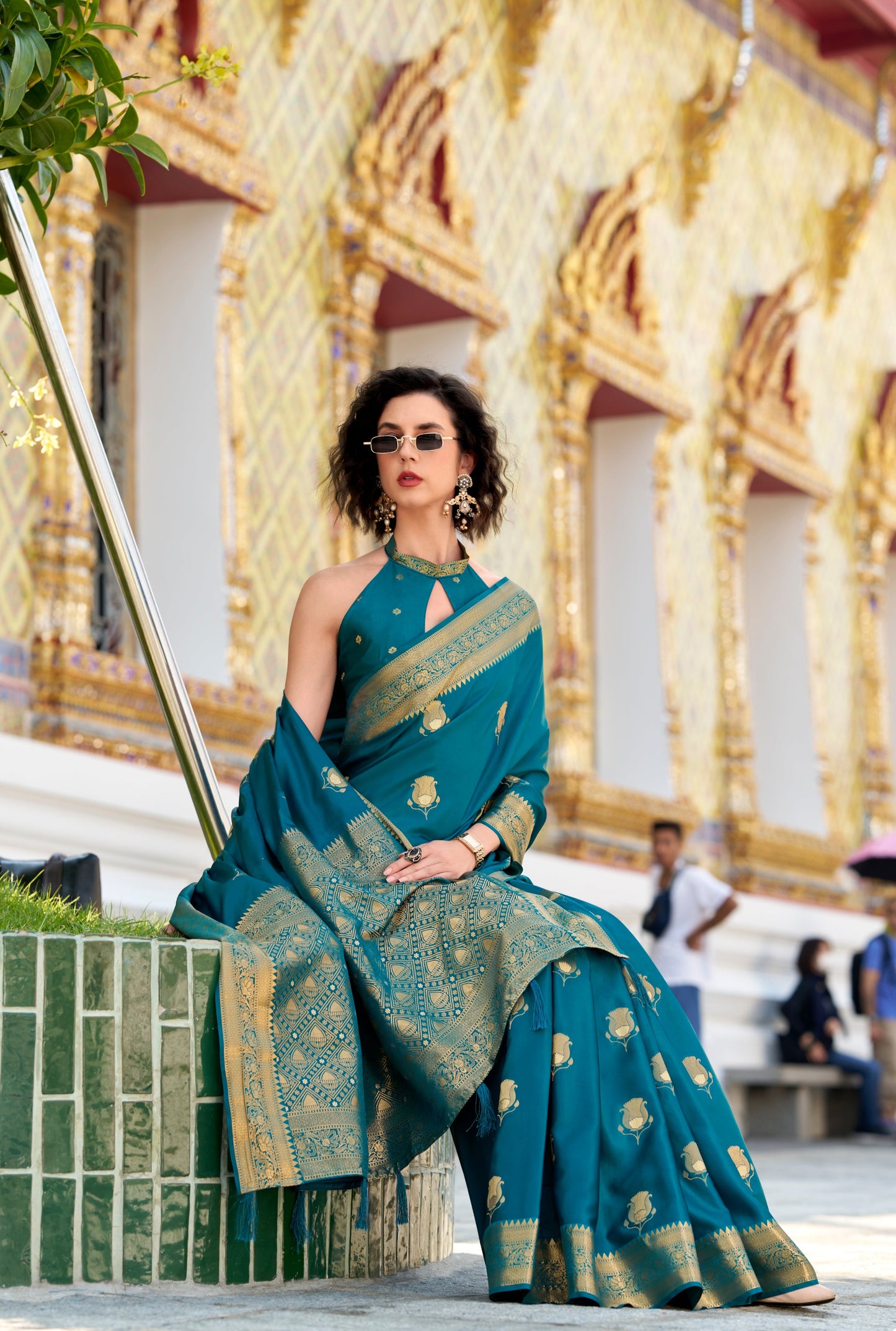 Turquoise Color Satin Silk Readymade/Easy Saree
