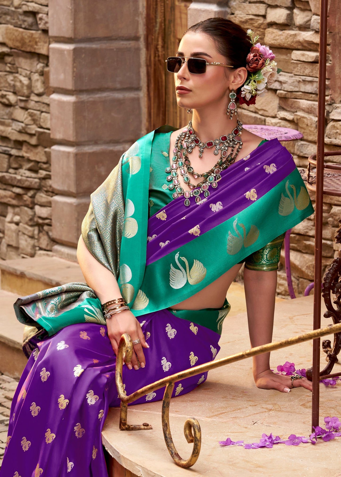 Purple Satin Silk Readymade/Easy Saree