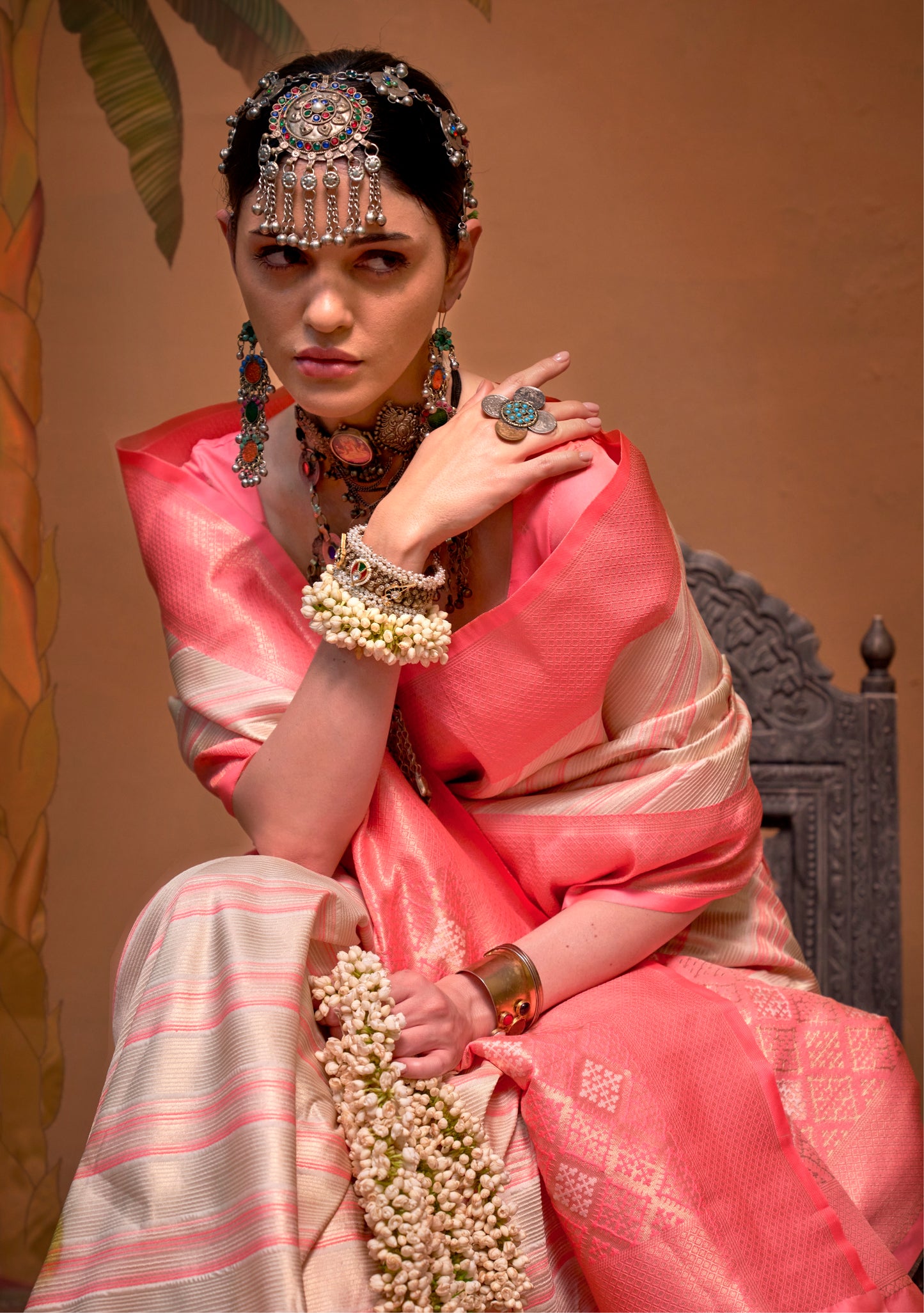Peach Stripe Kanjivaram Silk Readymade/Easy Saree
