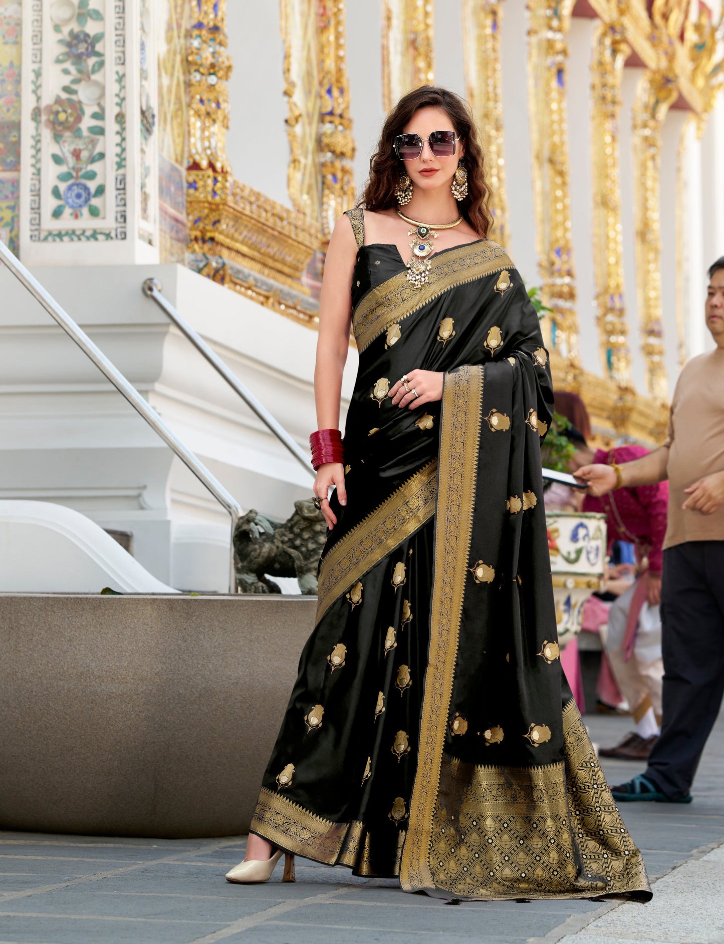 Black Color Satin Silk Readymade/Easy Saree