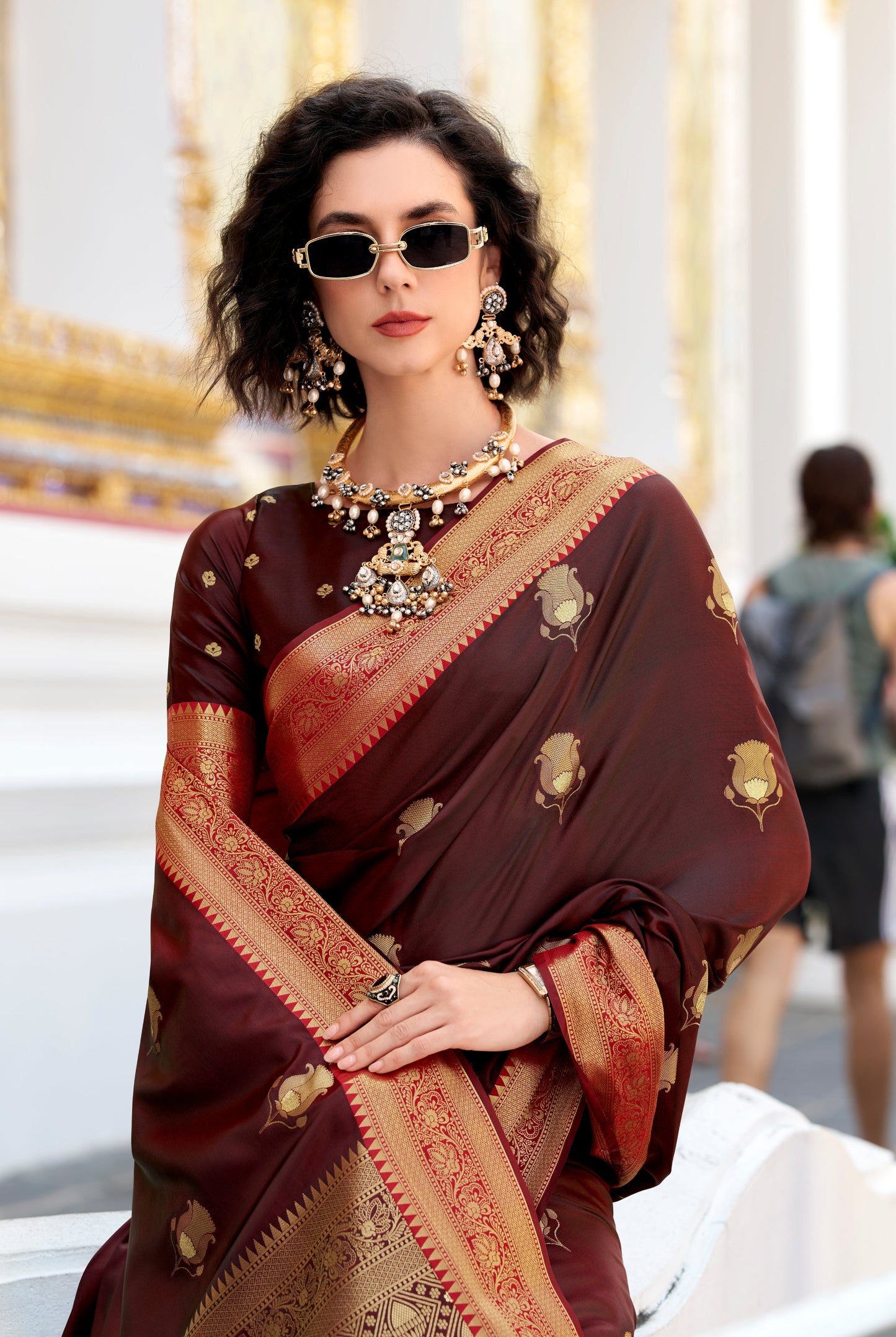 Maroon Color Satin Silk Readymade/Easy Saree