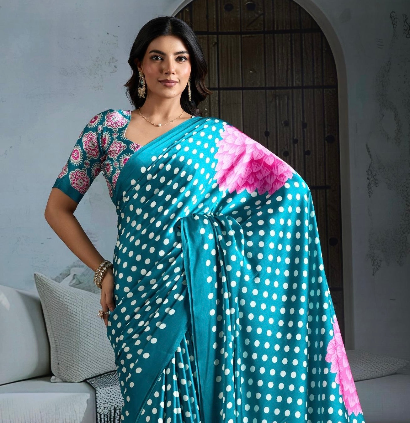 Turquoise Crepe Silk Readymade/Easy Saree