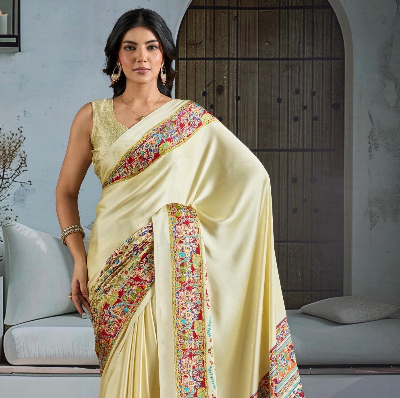 Off-White Crepe Silk Readymade Saree