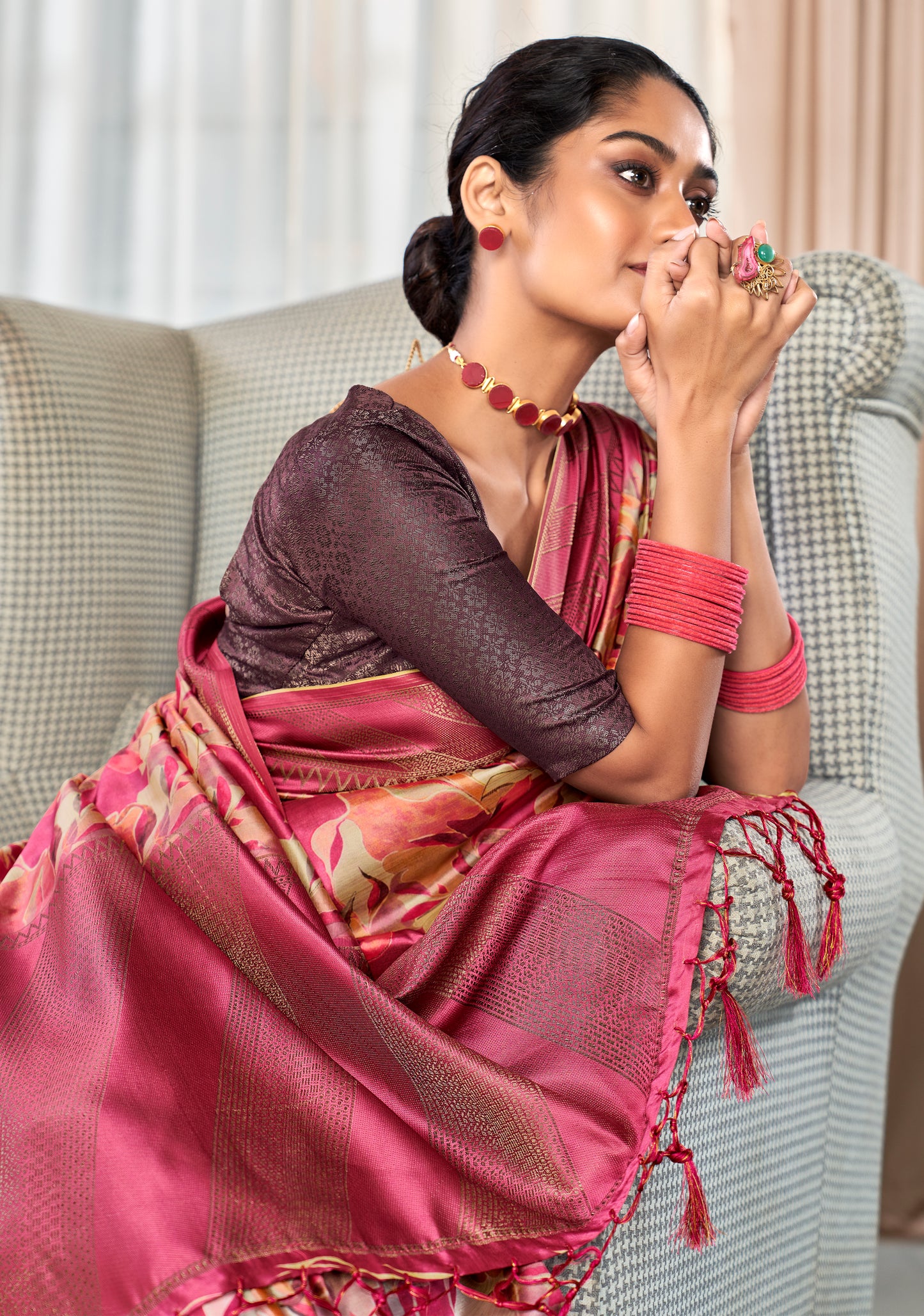 Pink Color Printed Silk Readymade/Easy Saree