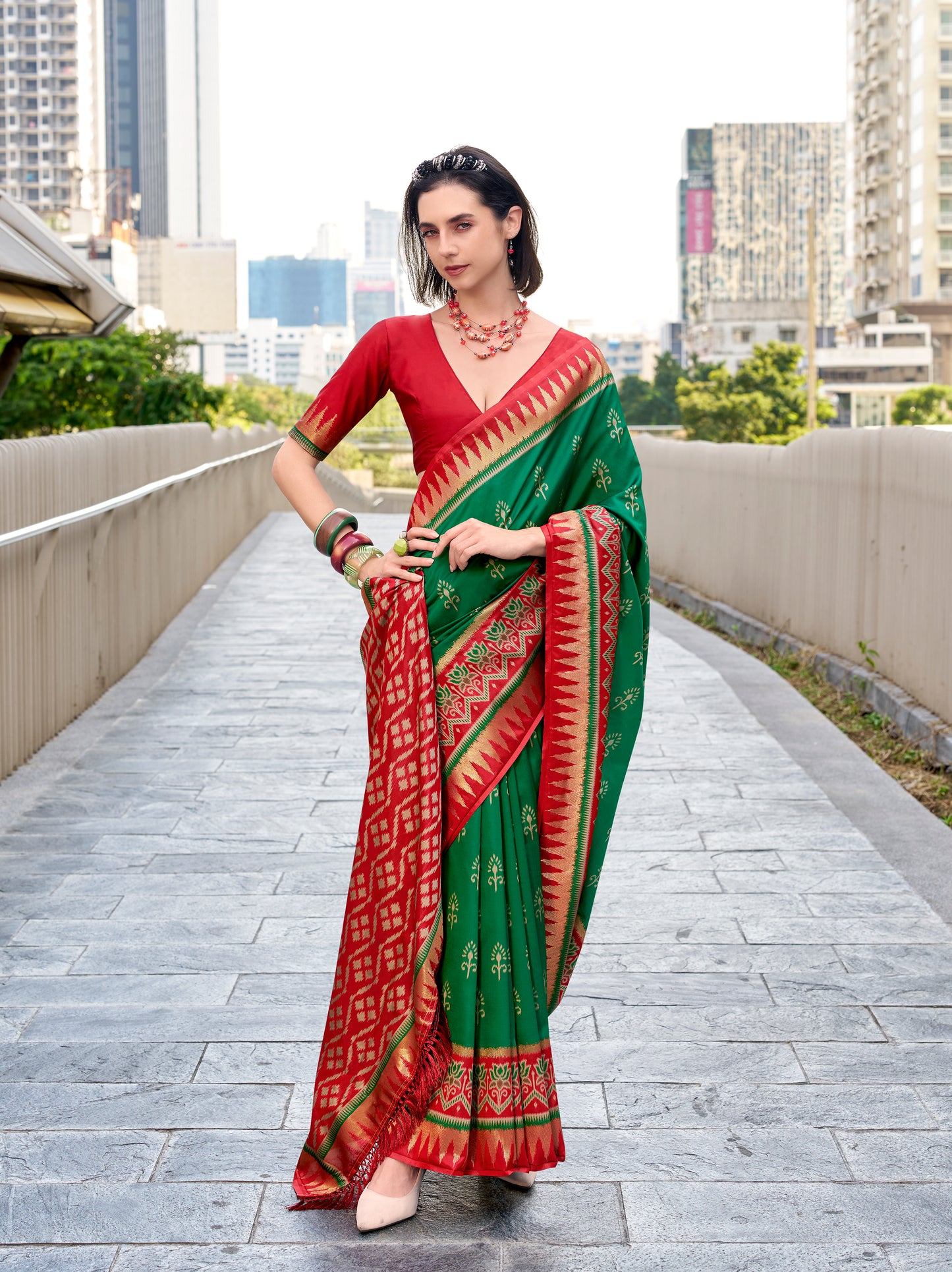 Bright Green Soft Silk Readymade/Easy Saree