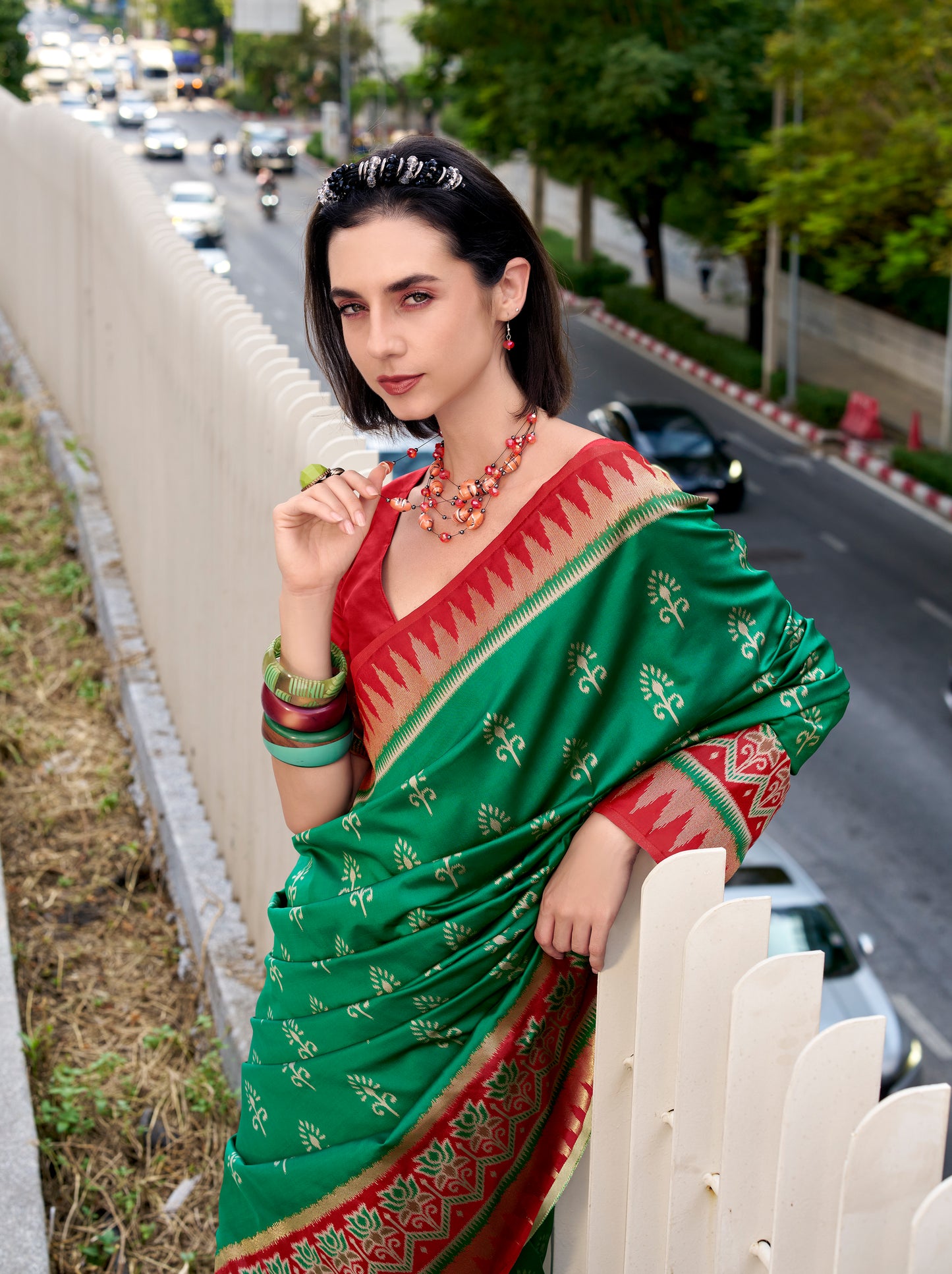 Bright Green Soft Silk Readymade/Easy Saree
