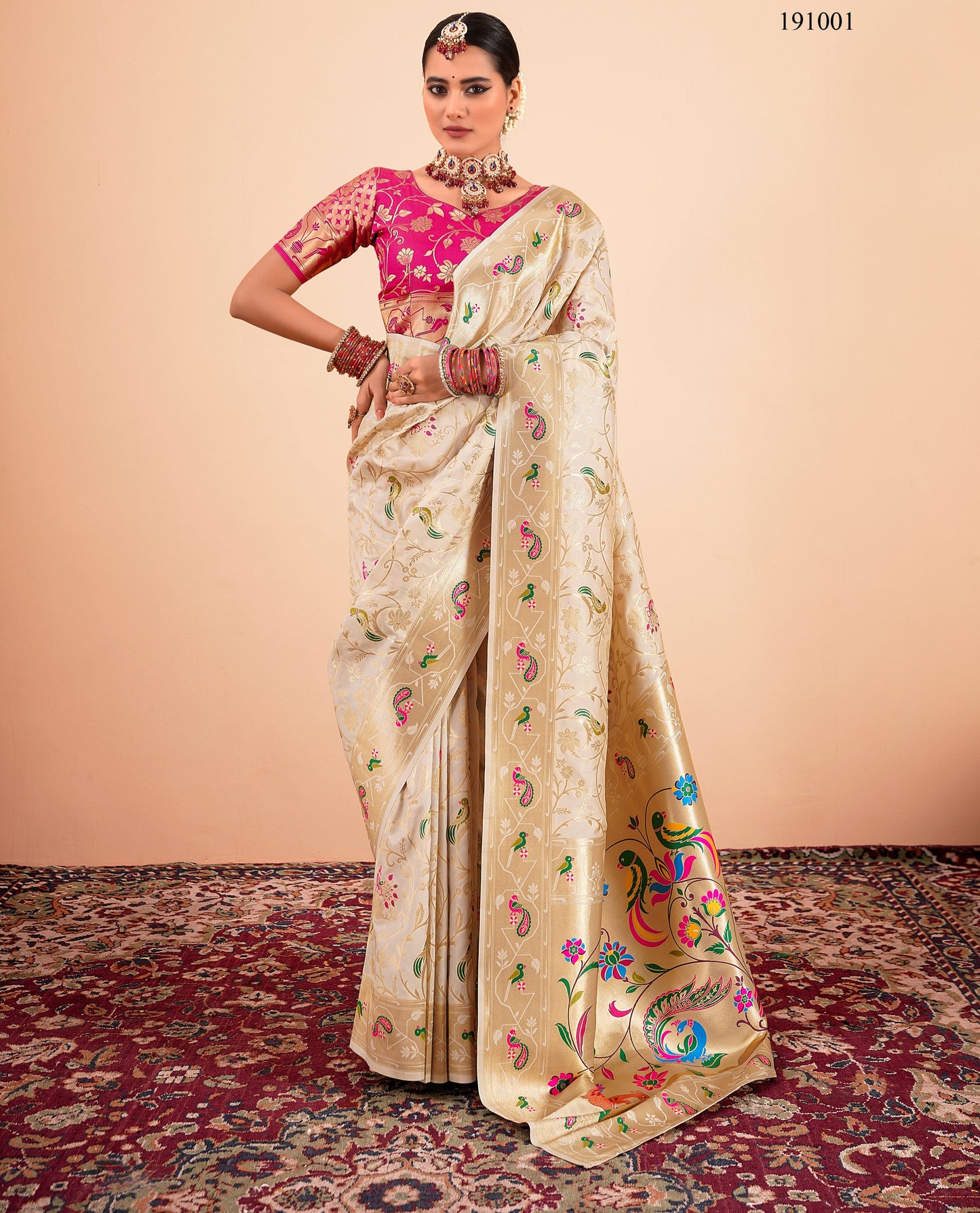 Off White Paithani Silk Readymade/Easy Saree