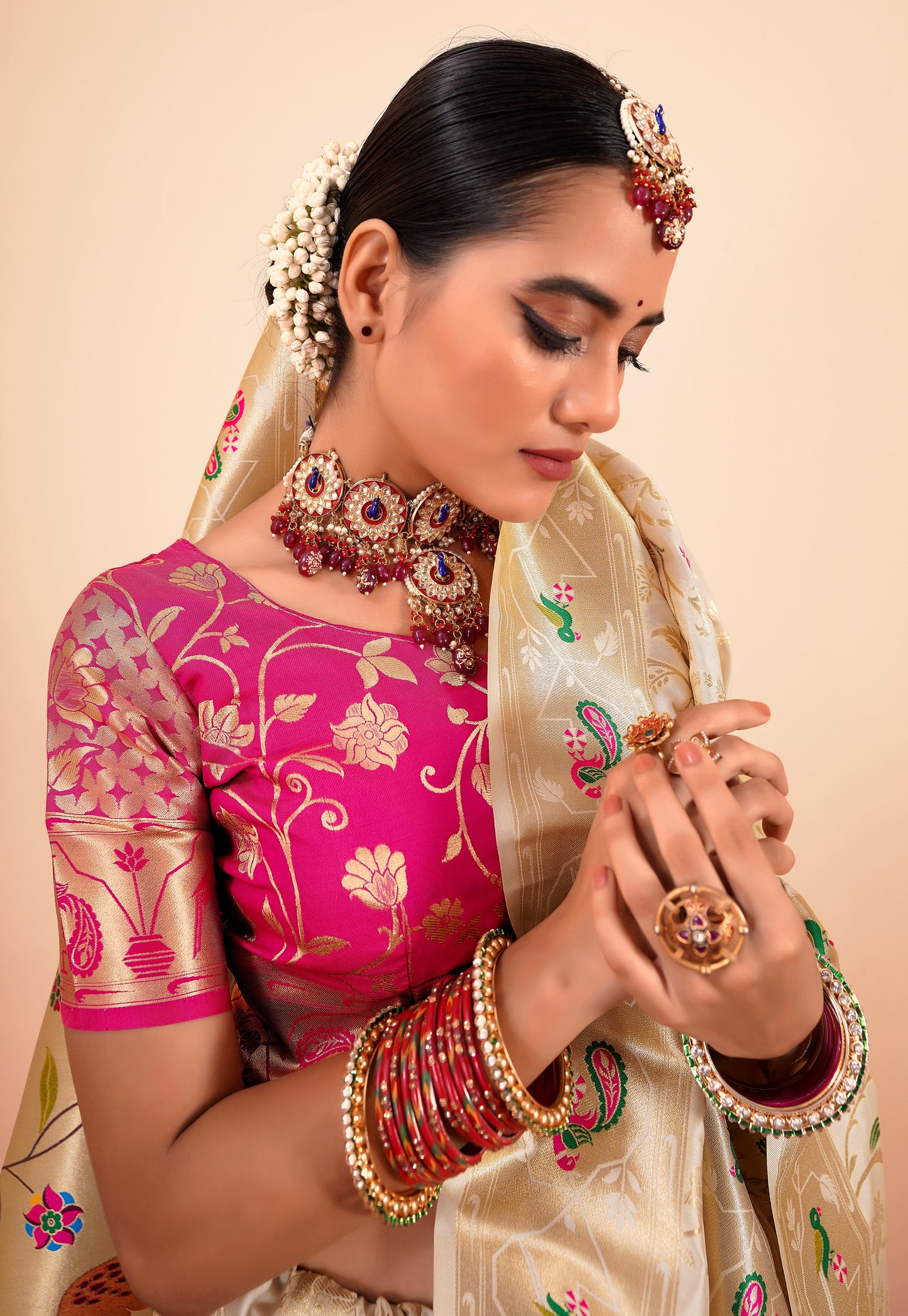 Off White Paithani Silk Readymade/Easy Saree