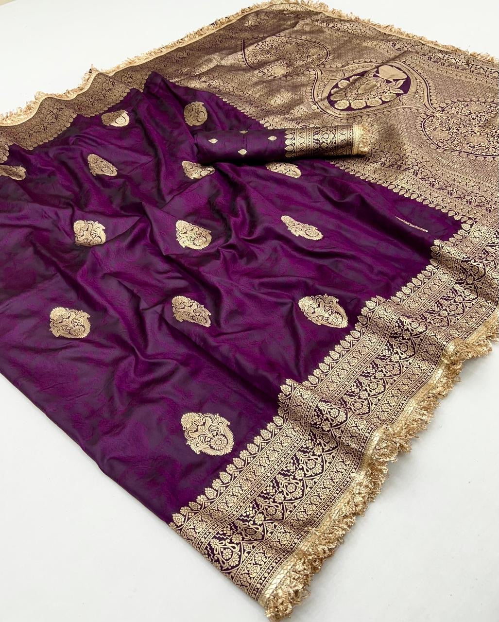 Wine purple Banarasi Silk Readymade/Easy Saree