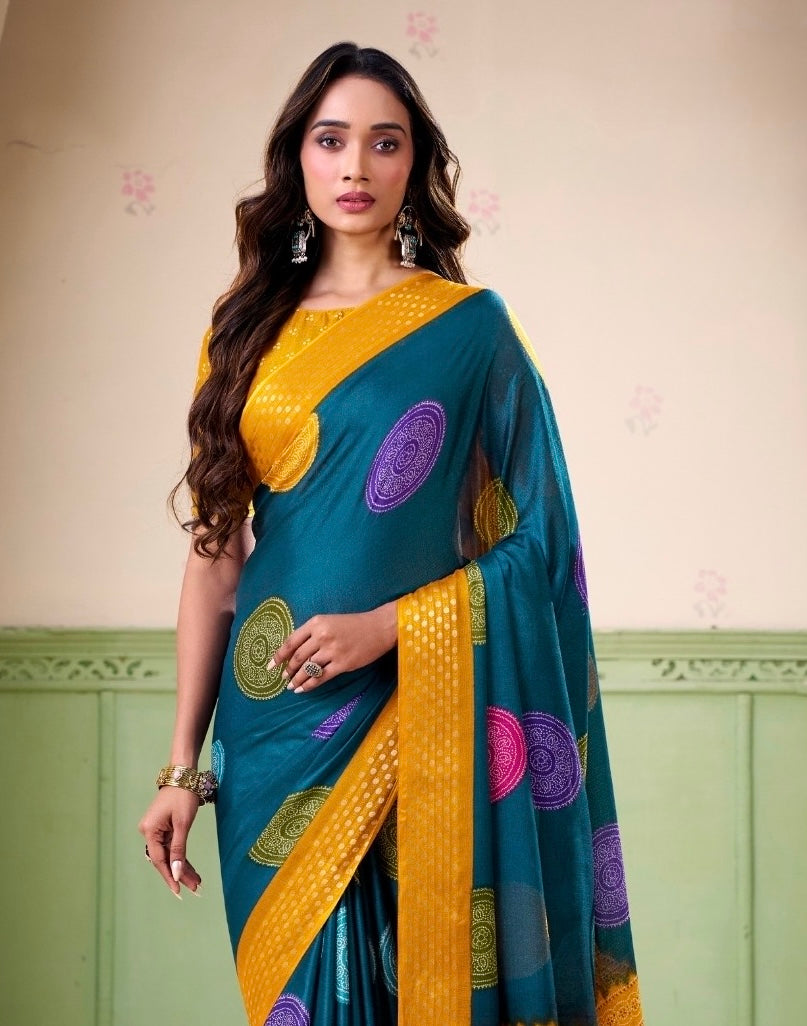 Turquoise Polka Dot Readymade Crepe Silk Saree