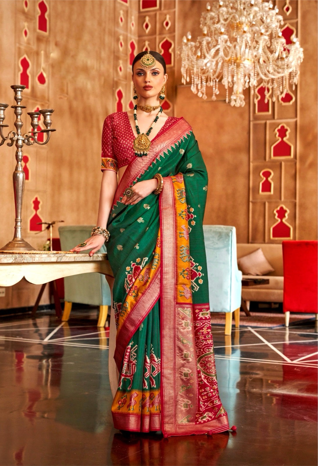 Green Color Patola Silk Readymade/Easy Saree
