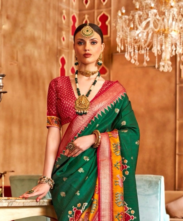 Green Color Patola Silk Readymade/Easy Saree