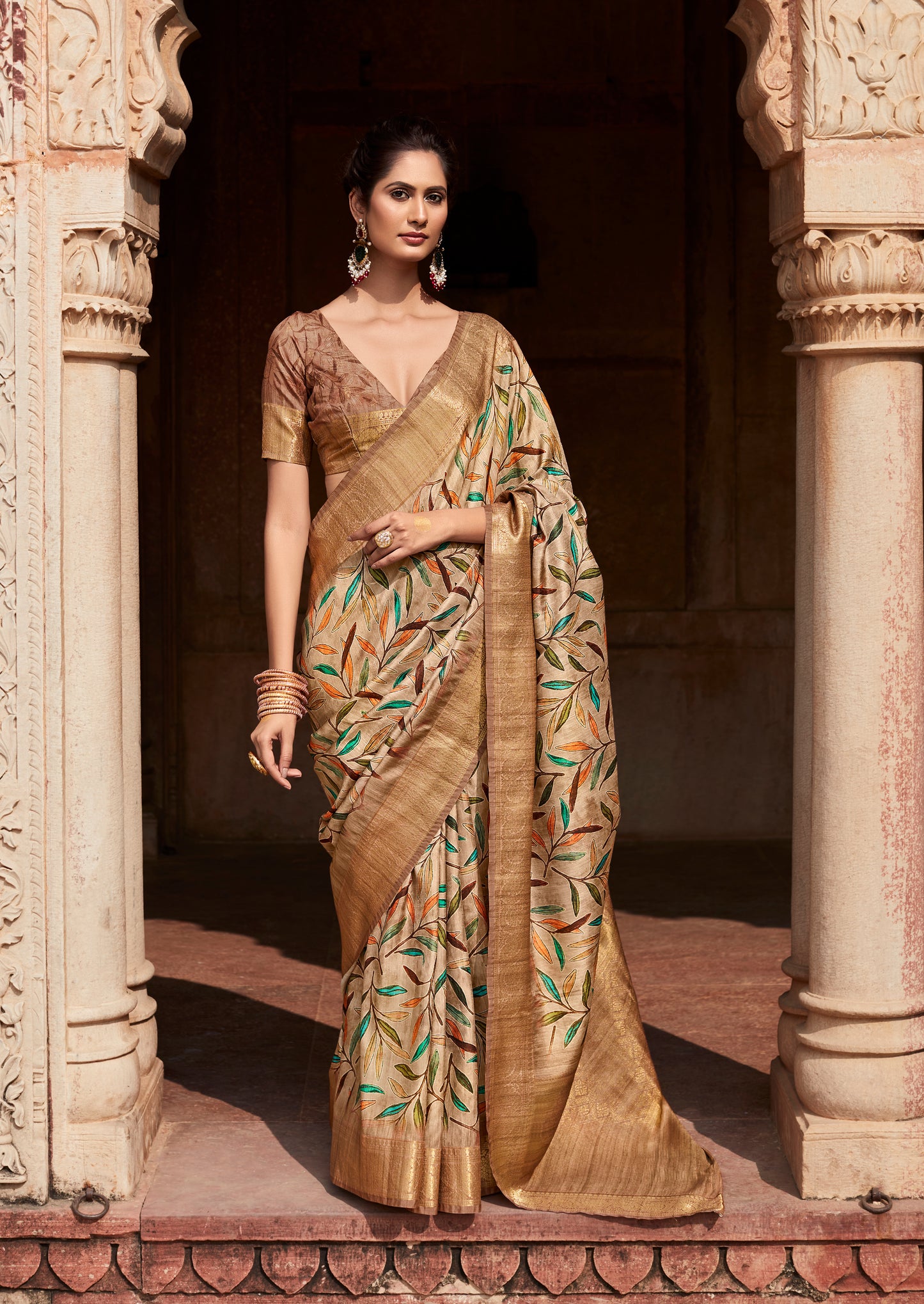 Beige Printed Soft Silk Readymade/Easy Saree