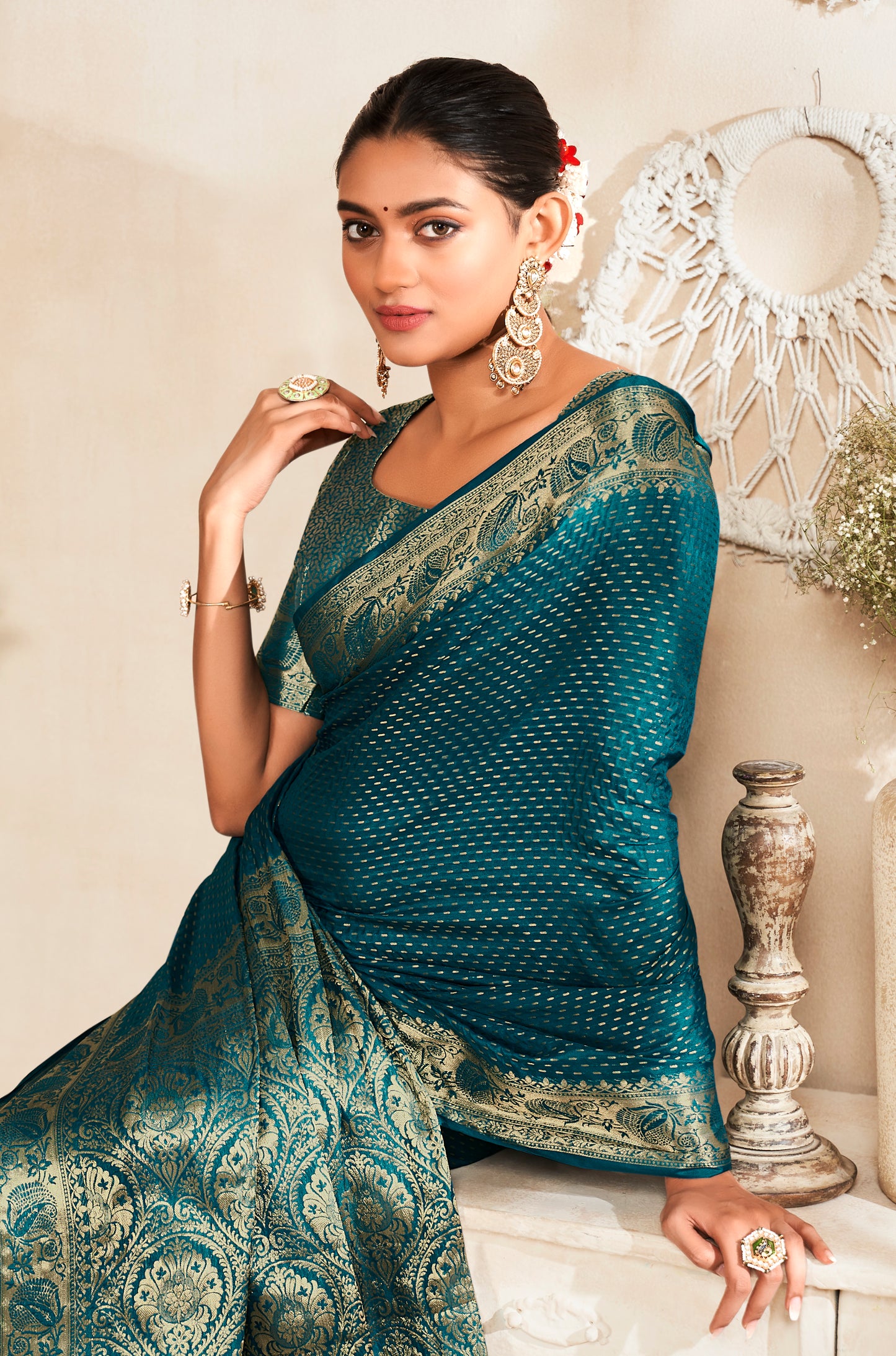 Turquoise Color Pattu Silk Readymade/Easy Saree