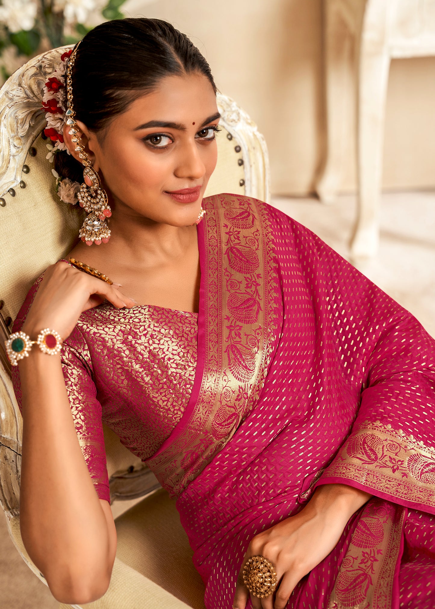 Pink Color Pattu Silk Readymade/Easy Saree