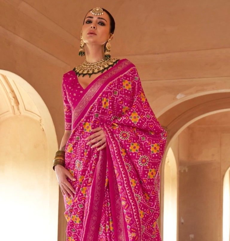 Pink Patola Silk Readymade/Easy Saree