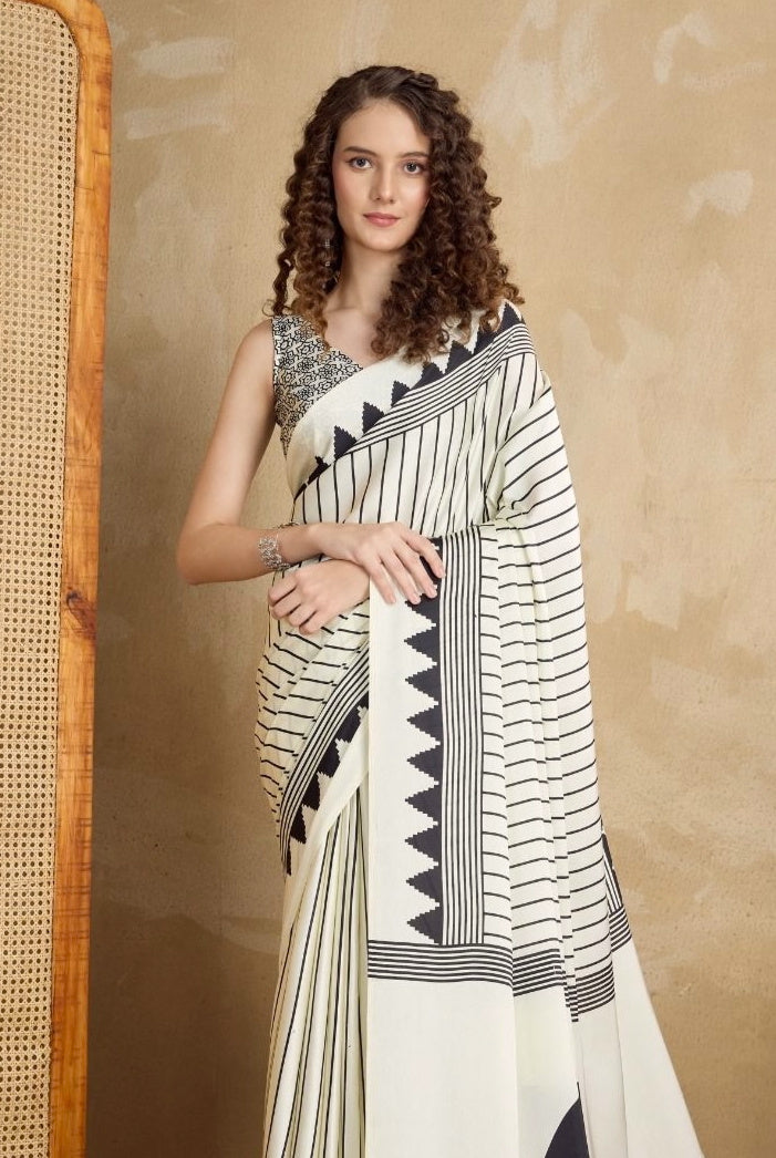 Off-White & Black Crepe Silk Readymade Saree