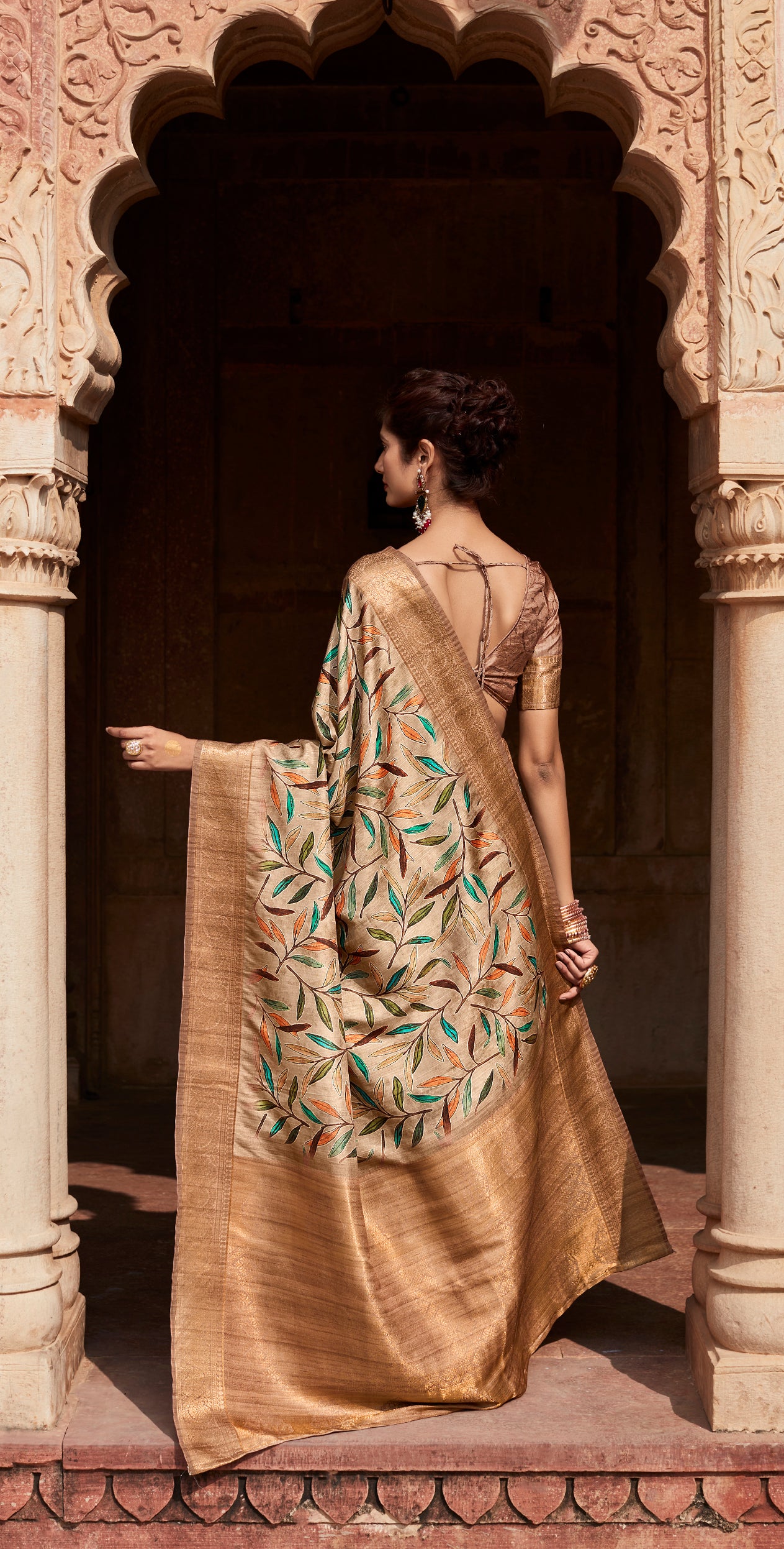 Beige Printed Soft Silk Readymade/Easy Saree