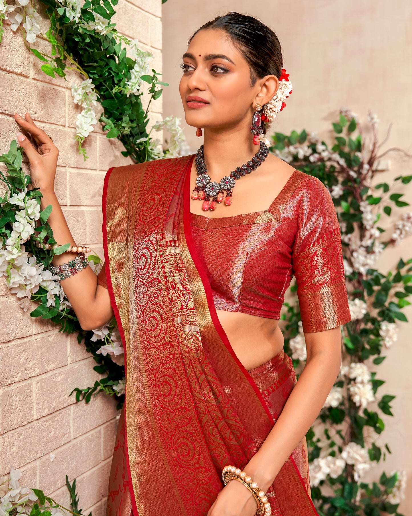 Red Color Zari Woven Silk Readymade/Easy Saree